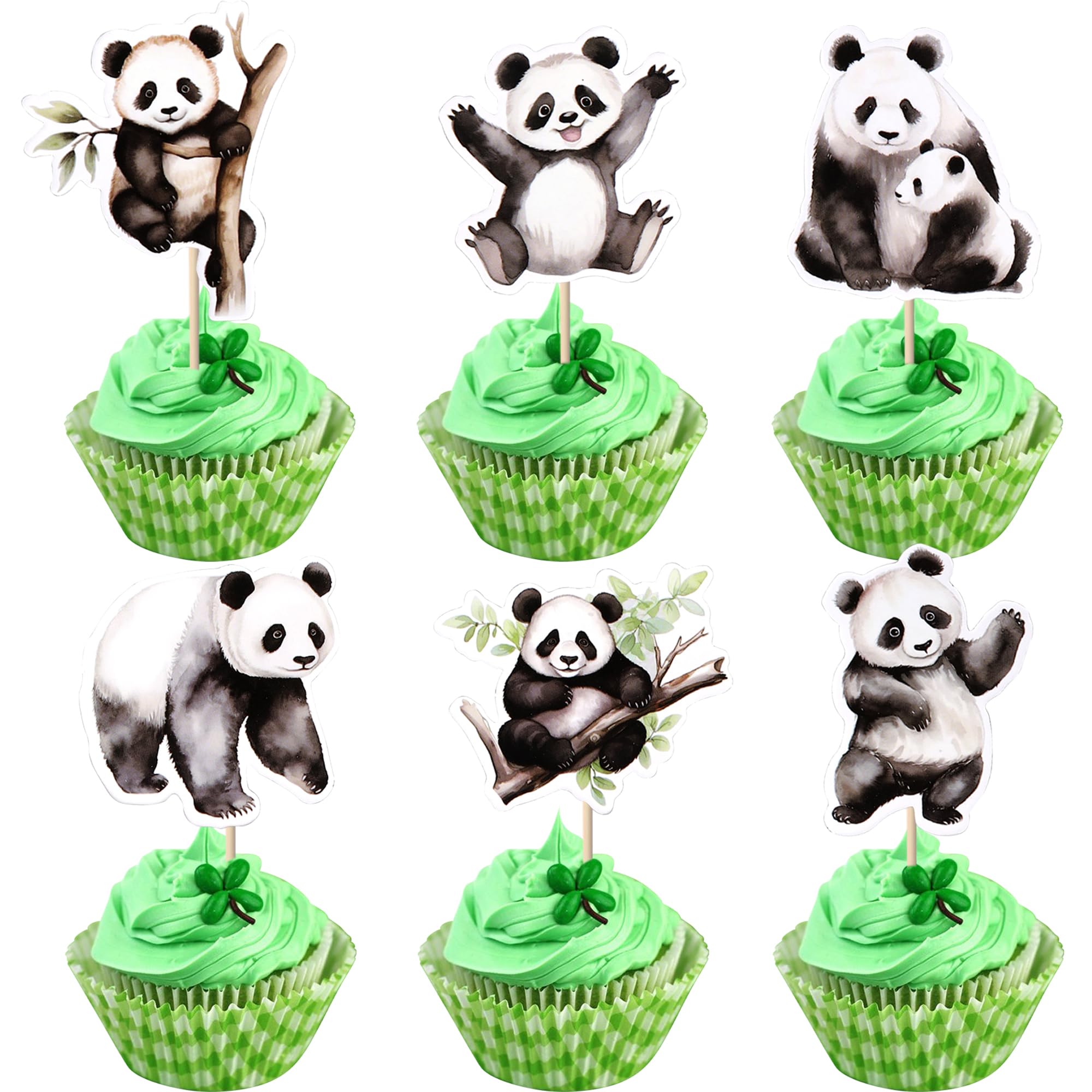SYKYCTCY 36 Pack Panda Cupcake Toppers Glitter Bamboo Cupcake Picks Cute Animal Bear Cake Decorations Baby Shower Kids Birthday Panda Theme Party Supplies