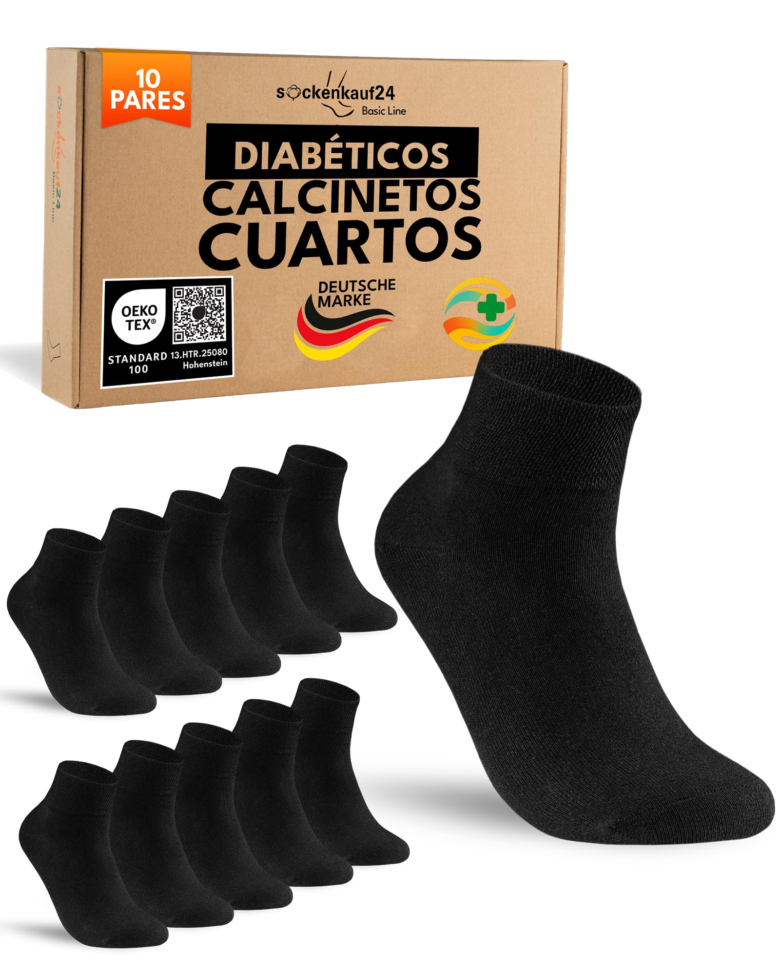 sockenkauf24 10 Pares Calcetines Diabéticos Cortos sin Elástico y sin Costuras con Cintura de Confort Hombre Mujer Algodón