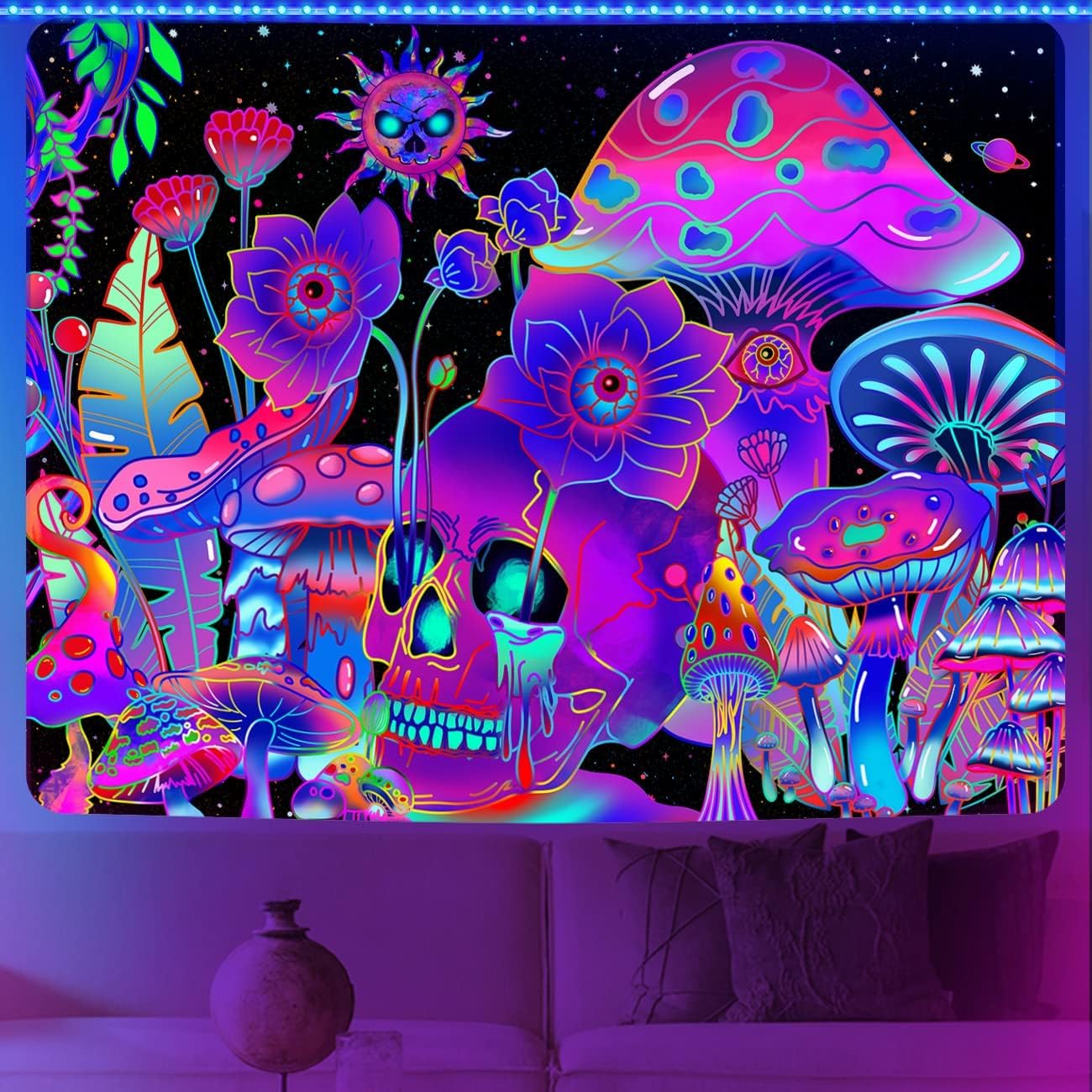 LZBXBXDA Skull Mushroom Tapestry Colorful Plants Tapestries Eyes Tapestries Mushroom