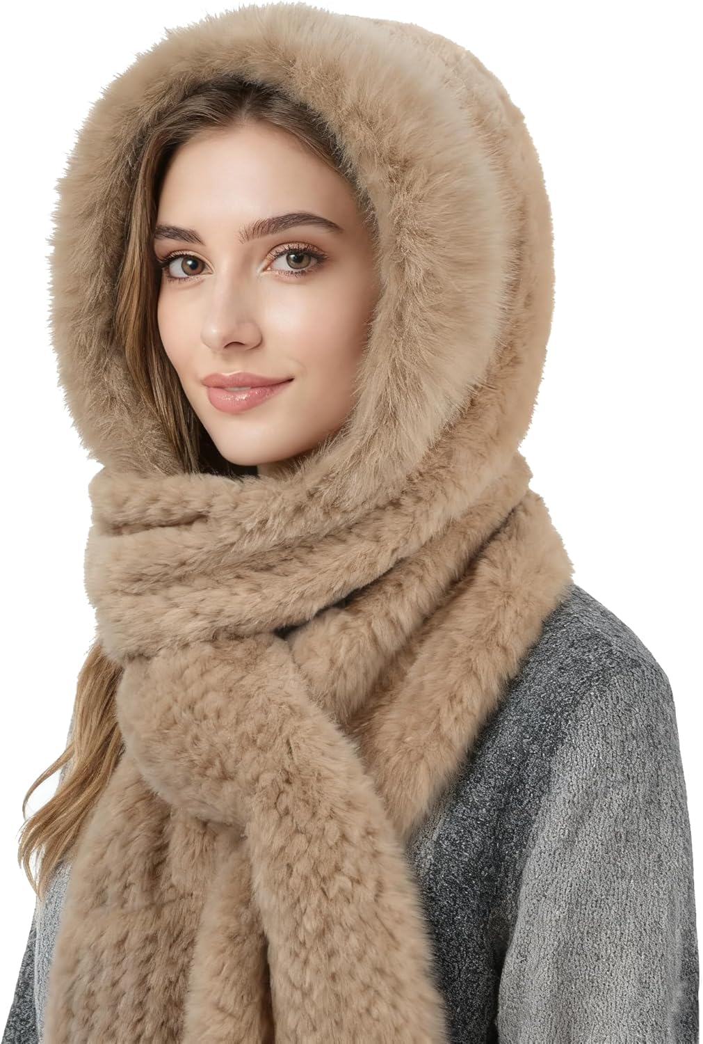 Faux Fur Hooded Scarf Gloves Set 3 in 1 Winter Thick Warm Plush Neck Warmer Hat with Pocket for Men Women Winter