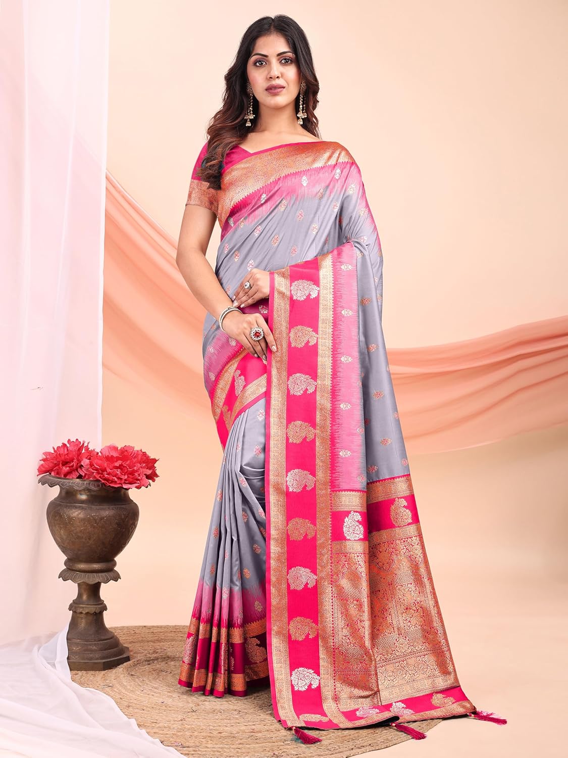 Jaanvi fashion レディース ケララバナラシ シルク ザリジャガードワーク サリー ステッチなしブラウスピース