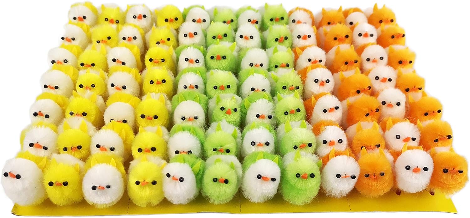 WEWILL 84 PCS Chenile Mini Easter Chicks Kit Adorable Vibrant Fuzzy Chicken Easter Decorations Egg Hunt Birds Colorful Party Favor Home Bonnet Ornaments 1’’