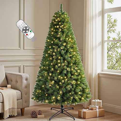 7.5 FT Pre-lit Christmas Tree Spruce with Remote Control, 350 Warm White Multi-Color Changing LED Lights, Artificial Hinged/Feel Real/Realistic for Home, Holiday Decoration Dual Color LED