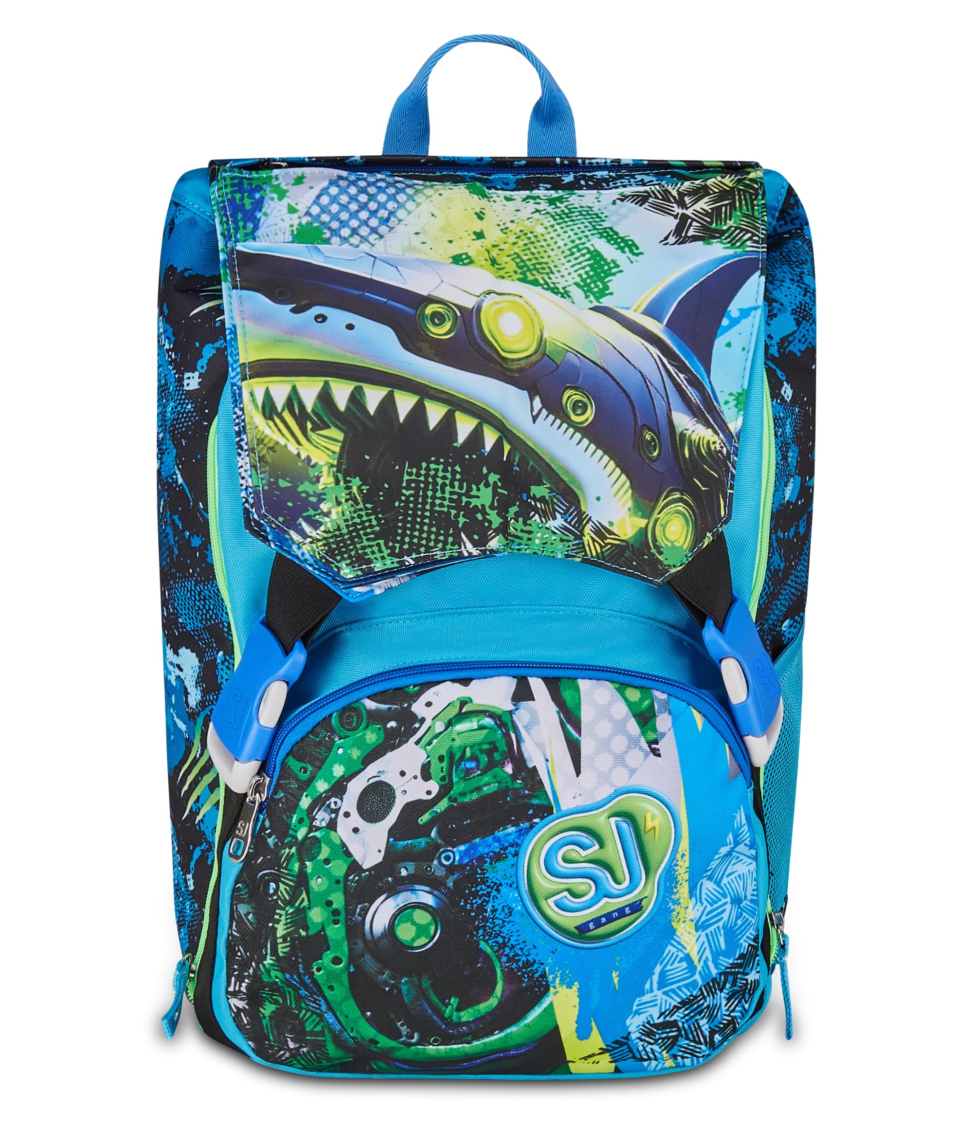 SJ GANG STYLE JAM GANG Zaino Estensibile, Volume Regolabile, Doppio Scomparto, Tasca Porta Borraccia, Scuola e Tempo Libero, Turchese Fluo, Bambini, blu