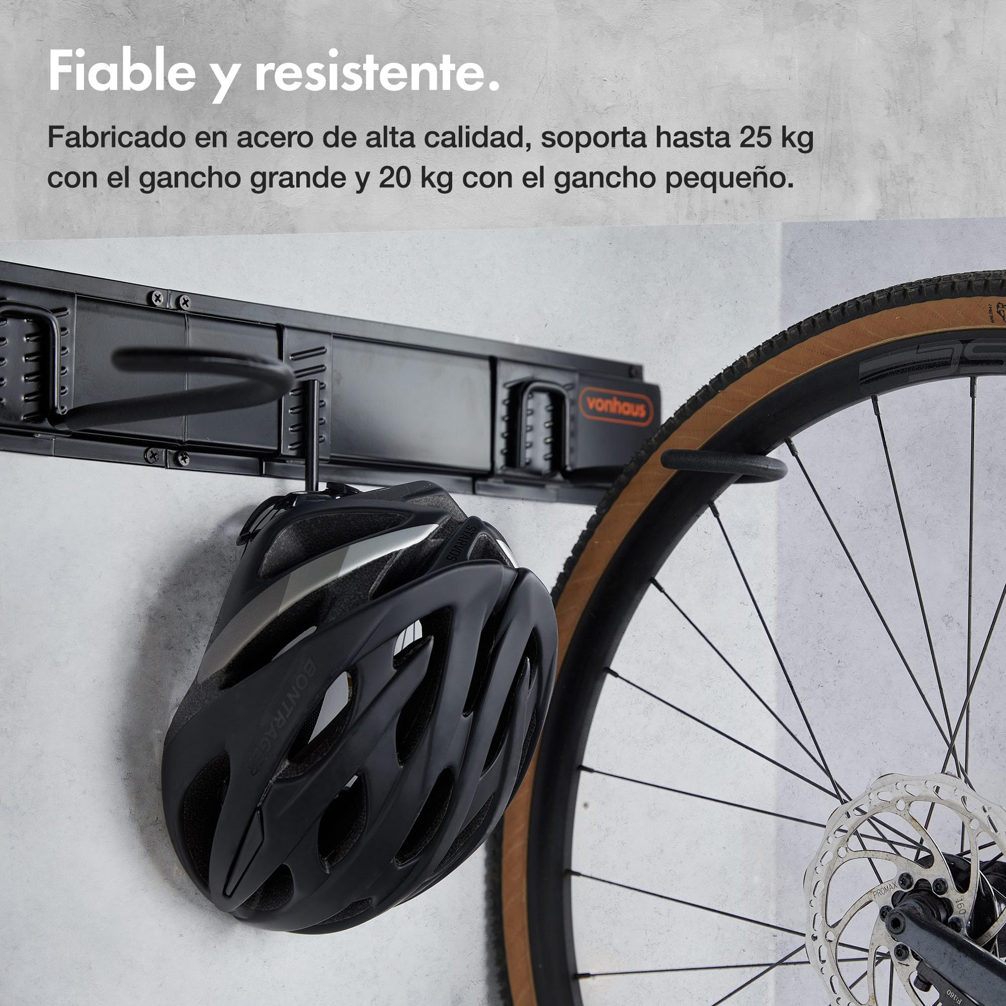 VonHaus Soporte de Bicicletas Pared Vertical – Colgador Pared 3 Bicis y 3 Cascos – Cuelga Bicis de Pared para Organizar Garaje – Soporte de Pared Bicicletas de Montaña o Carretera