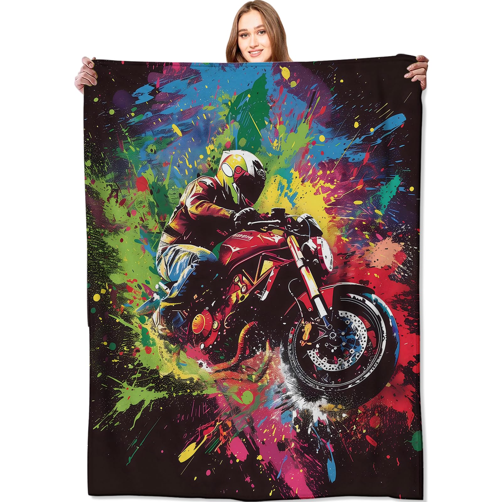 VODRM Motorcycle Rider Blanket Colorful Dynamic Bike Throw Blankets,Gifts for Woman Men,Lightweight Soft Fleece,Motorcyclist Art,for Sofa Couch Bed