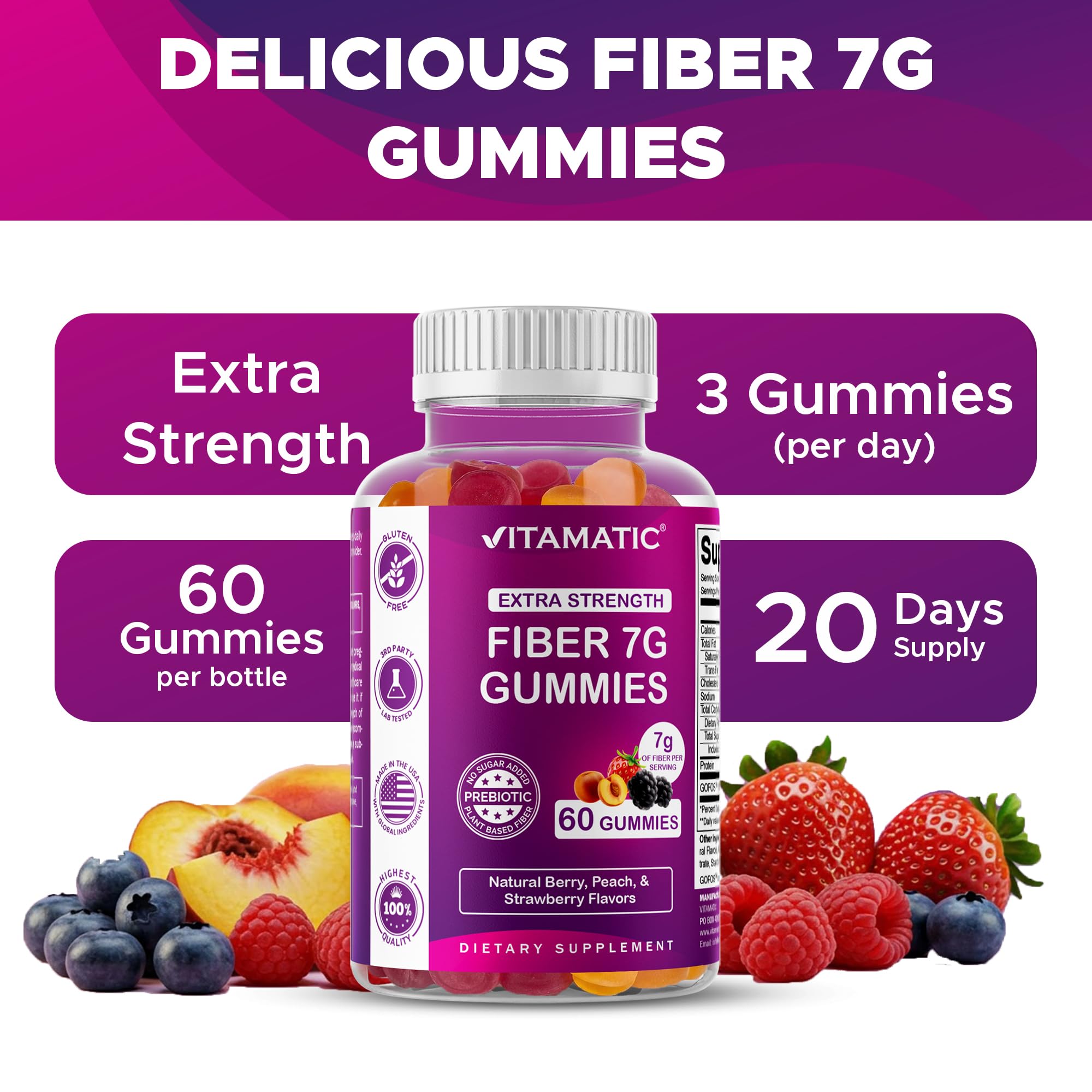 Vitamatic Extra Strength Prebiotic 7g Fiber, 60 Pectin-Based Gummies — Amazon image 5
