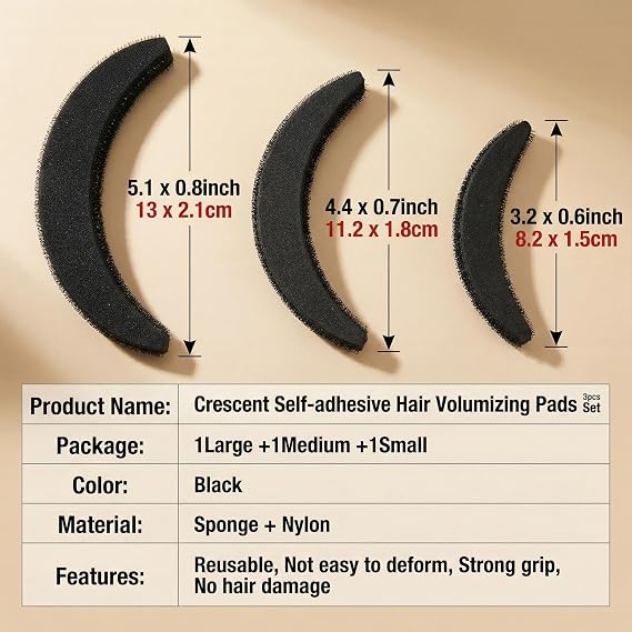 3PCS Back Bump it up Volume Hair Base Insert Tool Moon Shaped Sponge Foam Hair Volume DIY Bump it up Insert Styling Clip Stick Bun Maker Insert Tool Hair Increasing Tools (Large+Medium+Small)