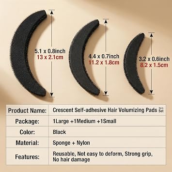 3PCS Back Bump it up Volume Hair Base Insert Tool Moon Shaped Sponge Foam Hair Volume DIY Bump it up Insert Styling Clip Stick Bun Maker Insert Tool Hair Increasing Tools (Large+Medium+Small)