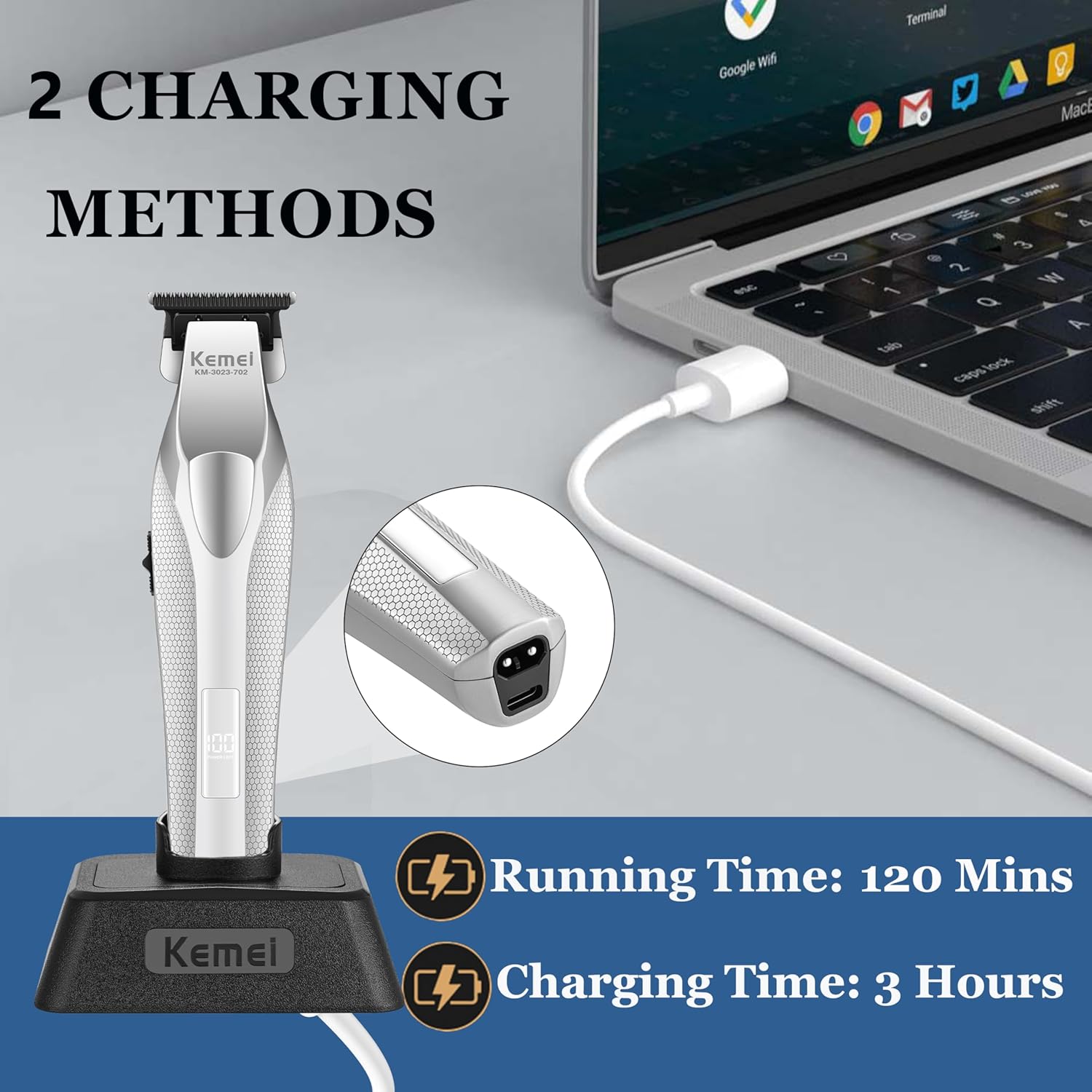 KEMEI Hair Trimmer for Men, Coldless Hair Clippers for Men Professional 9000 RPM Mens Hair Trimmer with LED Display Zero Gap Trimmers for Barbers Ceramic and DLC Blades KM-3023-702