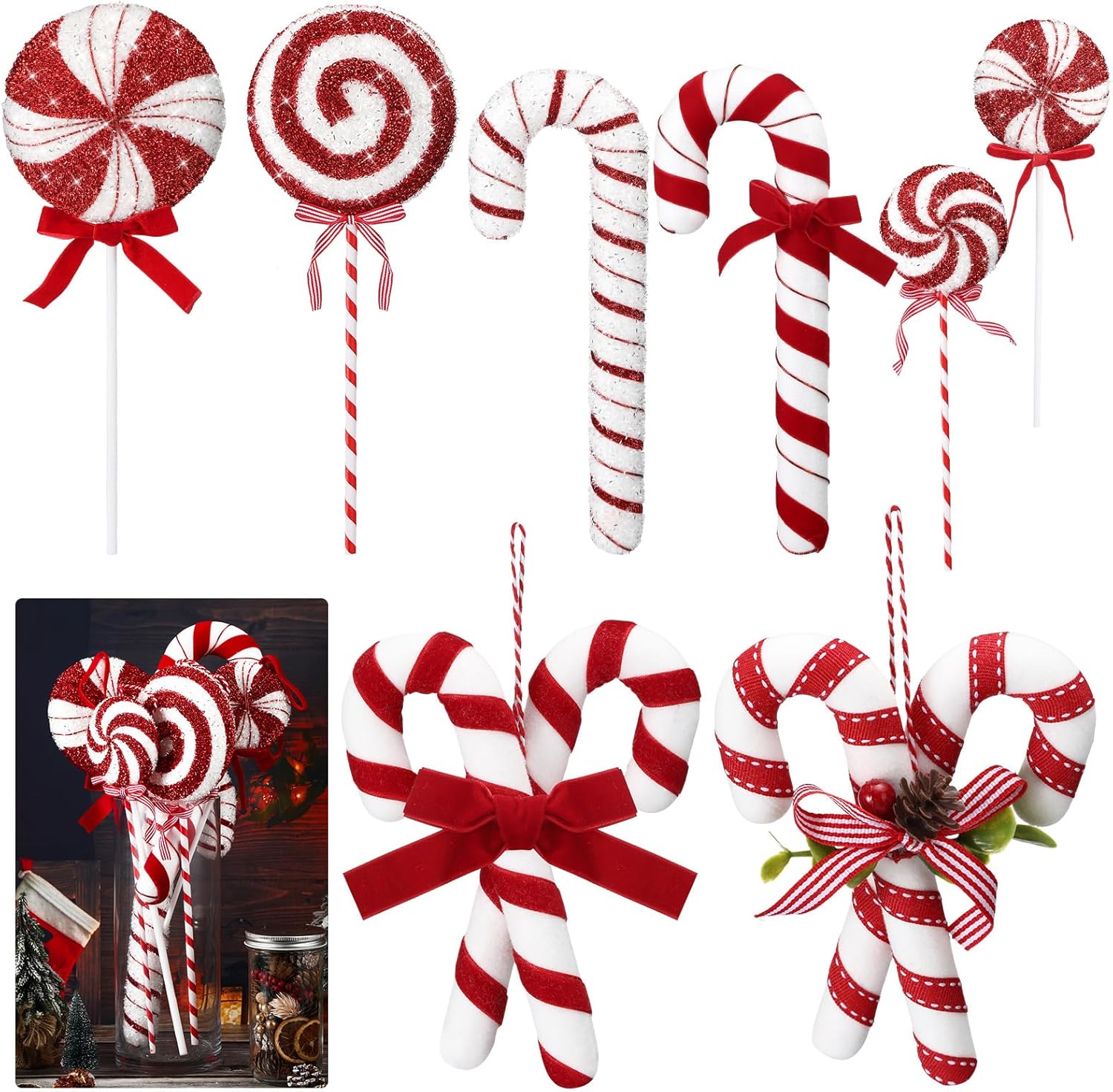 8 Pcs Assorted 16'' Giant Candy Cane Ornaments Red and White Large Lollipop Decoration 4 Mixed Sizes Lollipop Christmas Decoration Candy Cane Ornaments for Christmas Tree Home Decor Red White