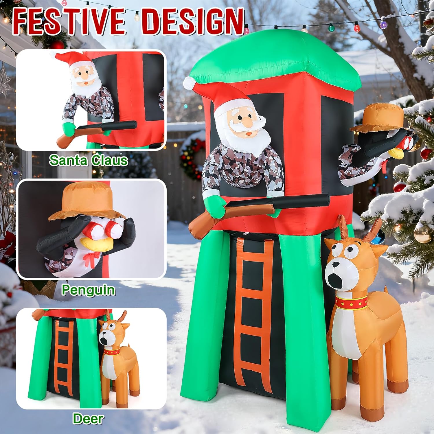 Christmas Inflatable Outdoor Decorations, 7FT Inflatables Camouflage Santa Claus Deer Hunter Yard Decor with Penguin, LED Lights Blow up Giant Reindeer for Holiday Indoor Outside Lawn Garden