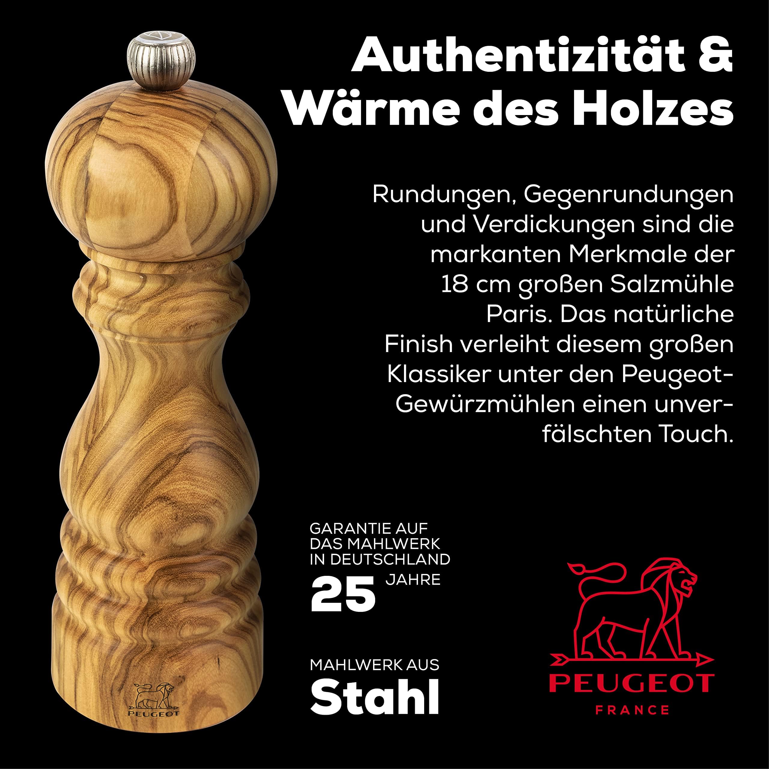 PEUGEOT - Salzmühle Paris 18 cm - Trockensalz - Klassische Mahlgradeinstellung - Aus PEFC-zertifiziertem Holz - französisches Know-how - Olivenholz
