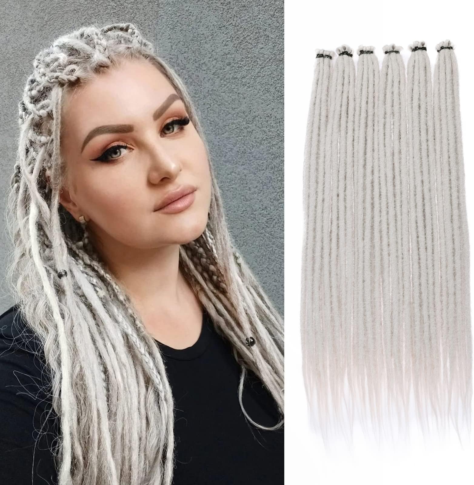 Leeven 40 Strands Grey Dreadlock Extensions 18 Inch Single Ended Handmade Soft Dreads Extensions 0.6 cm Width Loc Extensions Synthetic Reggae Hippe Style Crochet Hair for Women Men