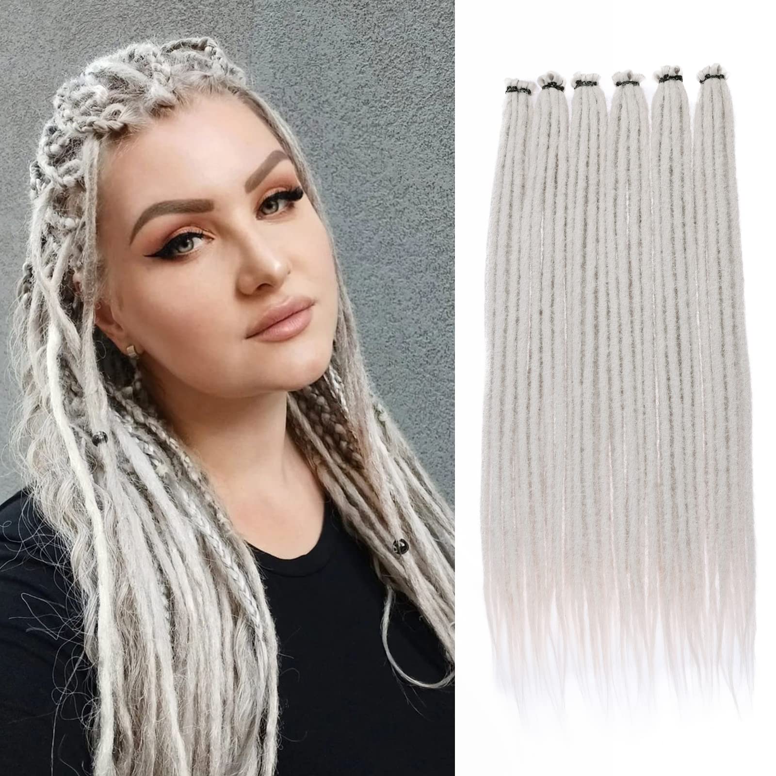 Leeven 40 Strands Grey Dreadlock Extensions 18 Inch Single Ended Handmade Soft Dreads Extensions 0.6 cm Width Loc Extensions Synthetic Reggae Hippe Style Crochet Hair for Women Men