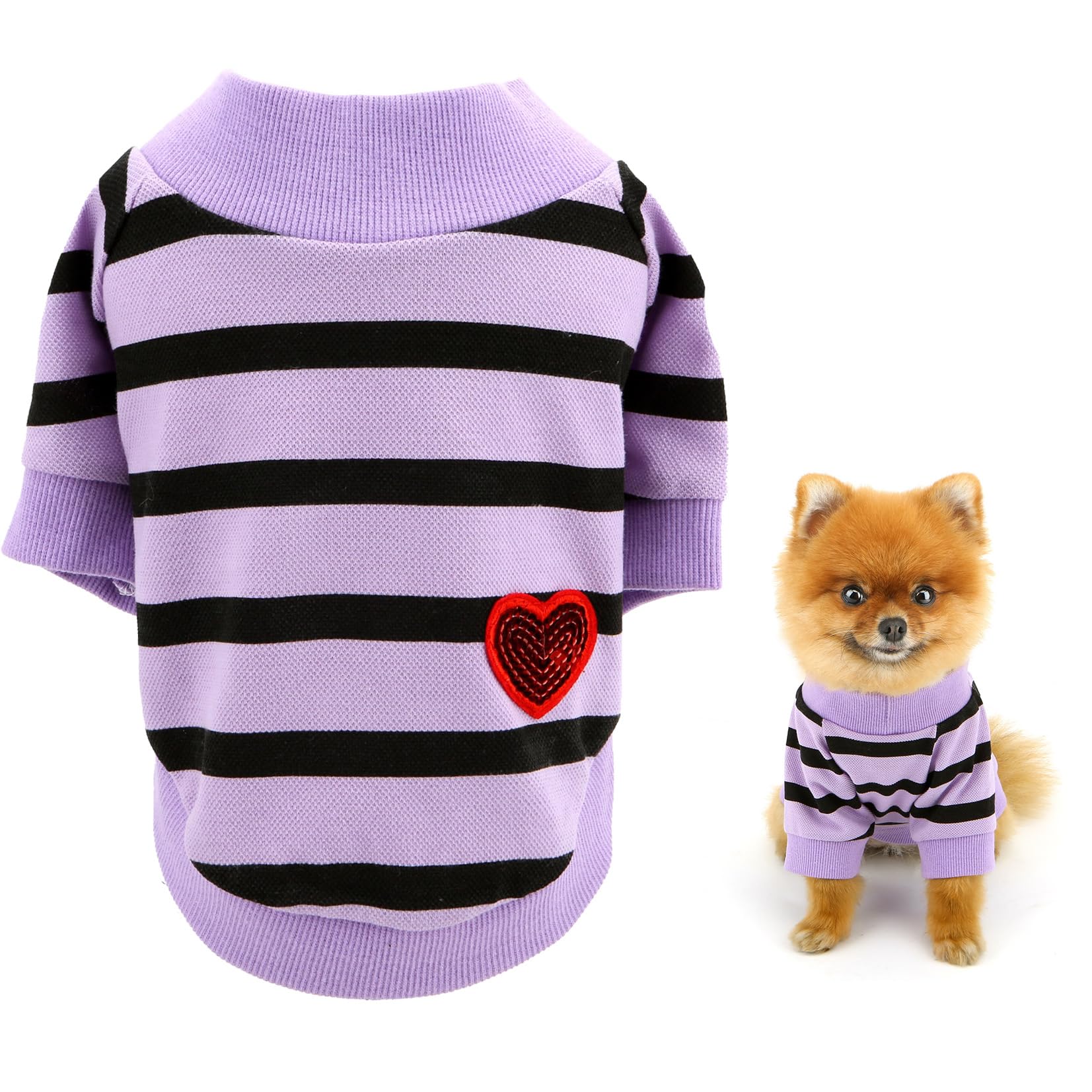 SMALLLEE_LUCKY_STORE Cotton Striped Shirt Puppy T-shirt Tee for Small Medium Dog Cat Boy Girl with Bling Red Heart Pet Sweatshirt Summer Clothes Yorkie Chihuahua Apparel, Purple, S โ image 1