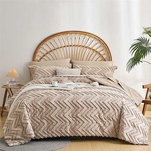 Miniatura 3 de KAKKI Juego de edredón y sábanas de 7 piezas tamaño Queen con diseño de cheurón caqui, estilo bohemio, desgastado y elegante, de microfibra suave,