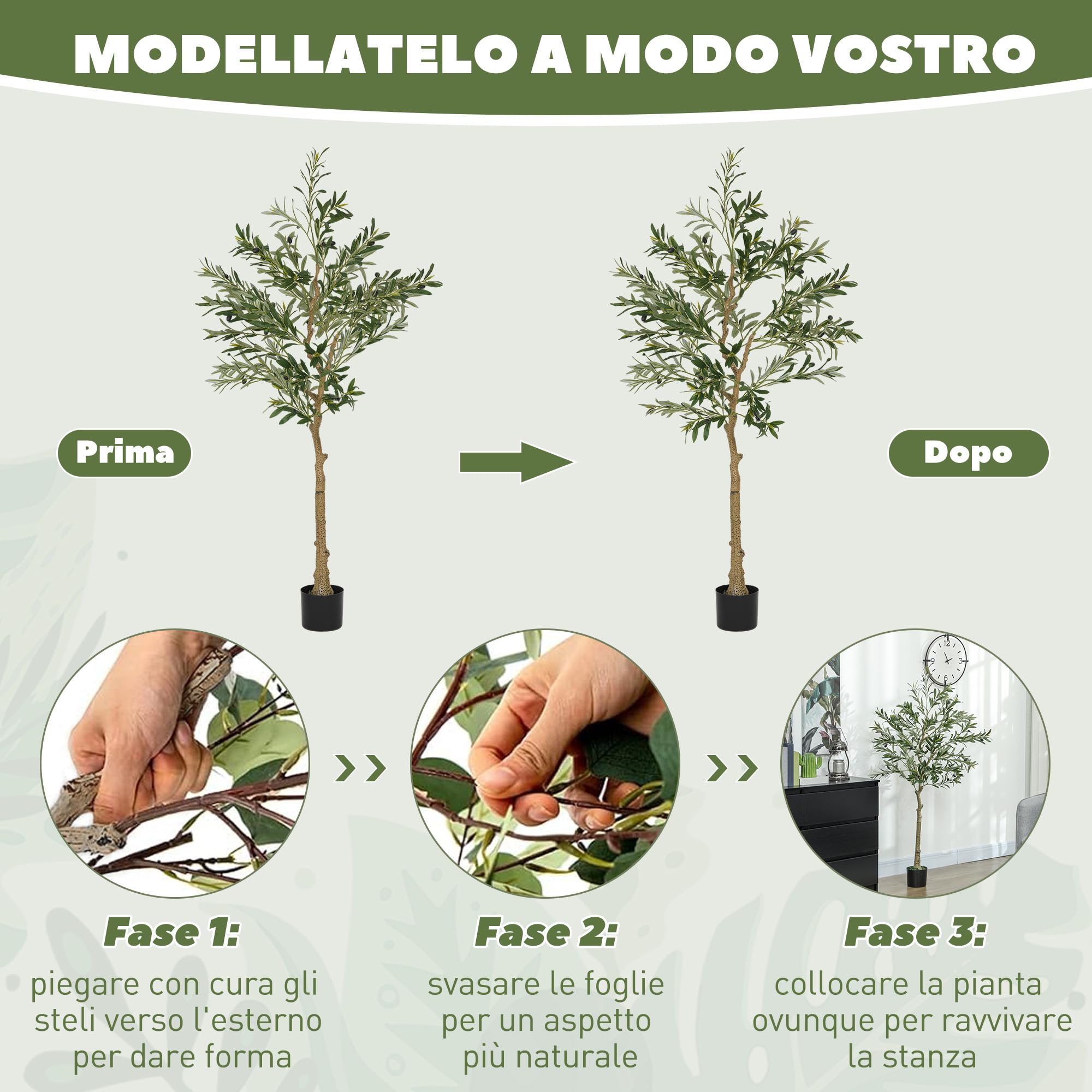 HOMCOM Olivo Artificial 150 cm Planta Artificial Decorativa Grande Árbol Artificial de Interior con 32 Aceitunas Decoración para Hogar Oficina Balcón Dormitorio Verde
