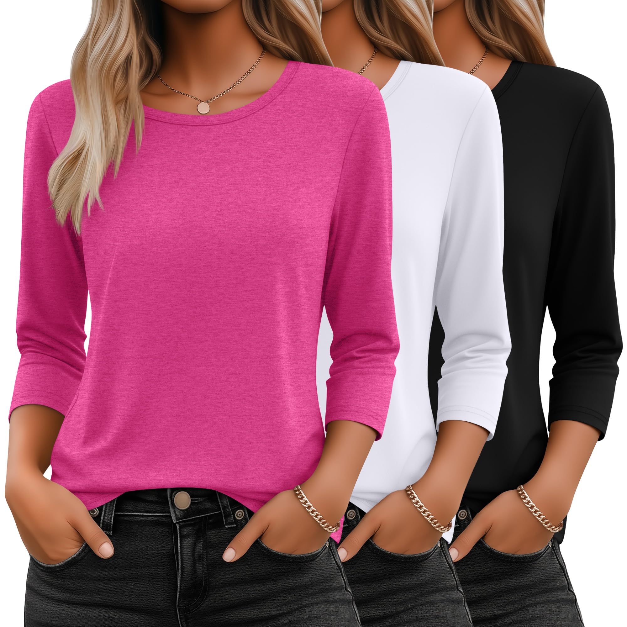 Ficerd 3 Pack 3 4 Sleeve Tops for Women Round Neck Dressy Basics Tees Casual Trendy Loose Fit