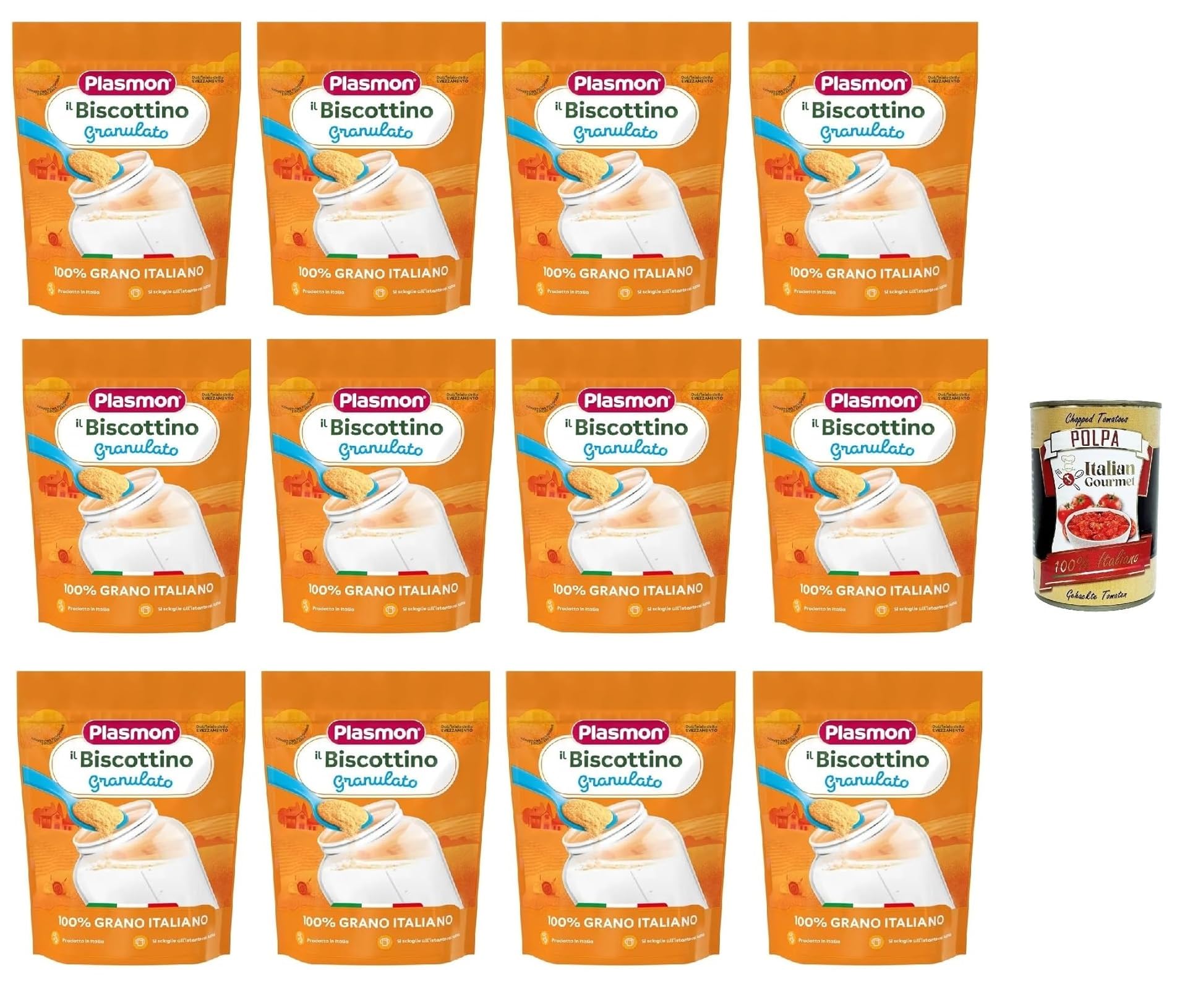 Plasmon Biscottino Granulato, dal 6° mese, 100% grano italiano 12 x 350 g + Italian Gourmet polpa 400g