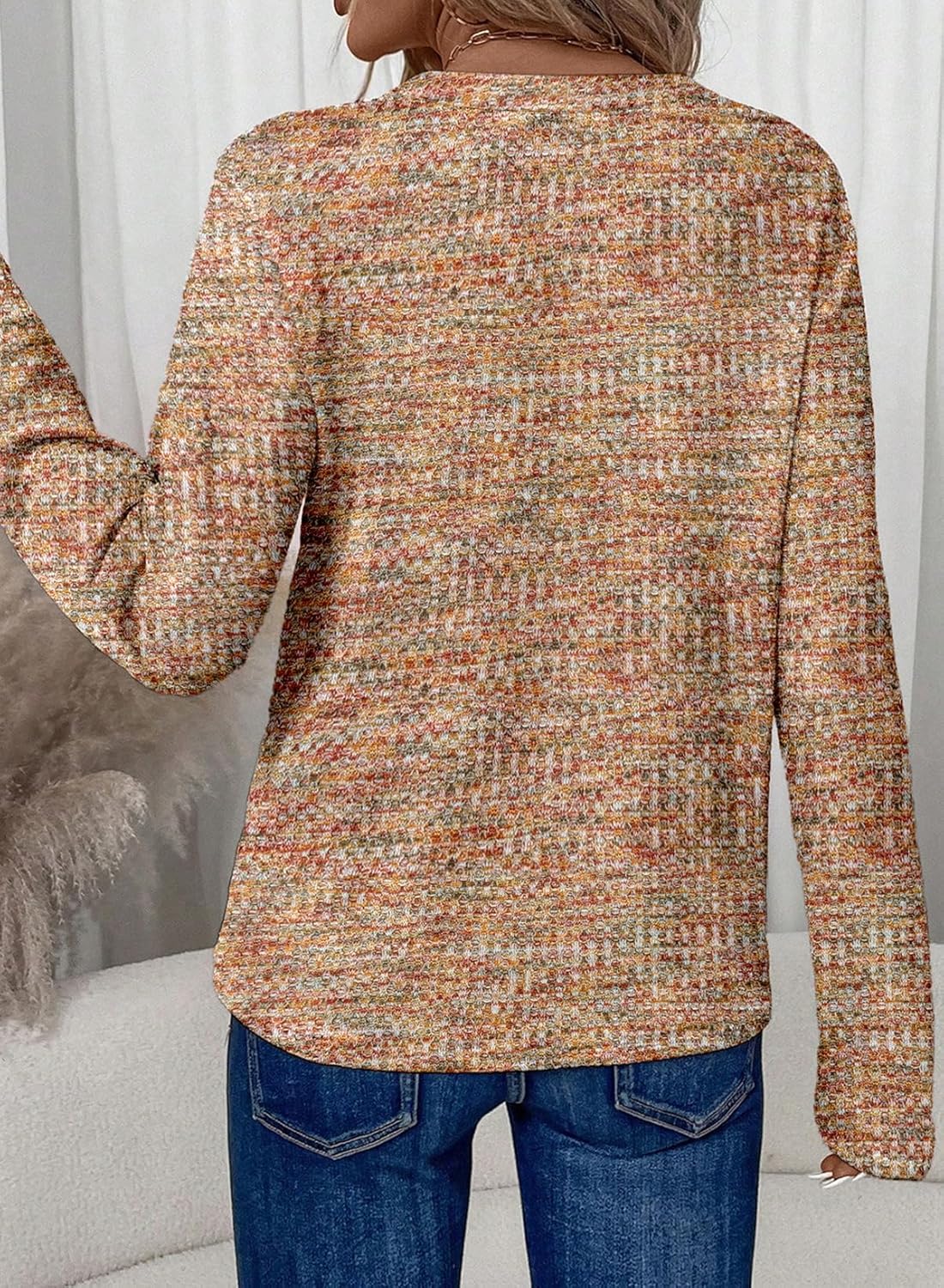 Dokotoo Womens Waffle Knit Tops V Neck Long Sleeve Shirts Henley Dresy Casual Blouses - Image 2