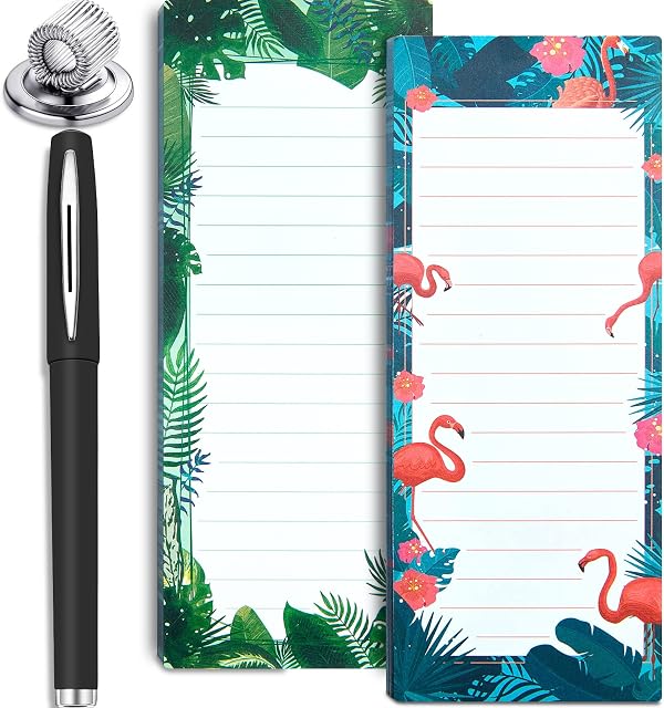 Weewooday 2 Pack Magnetic To Do List Notepads for Refrigerator Leaf Grocery List Magnet Memo Pad, 60 Sheets Per Pad, Magnetic Clip Refrigerator Magnet Pen Marker Clip Holder with Pen (Flamingo Palm)