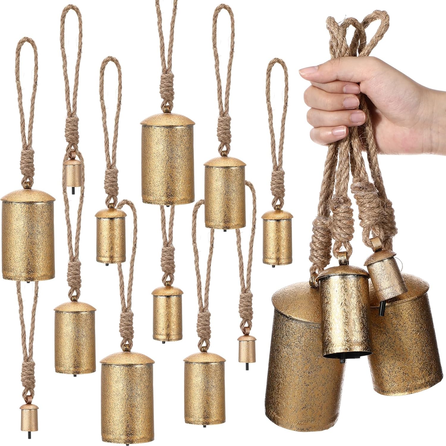 AceOrbit 12 Pcs Wedding Rustic Metal Cow Bells Set 1.75"/3"/4"/5" Hanging Vintage Giant Gold Christmas Harmony Bells on Jute Rope Vintage Farmhouse Xmas Tree Ornaments for Craft Wedding Decorations