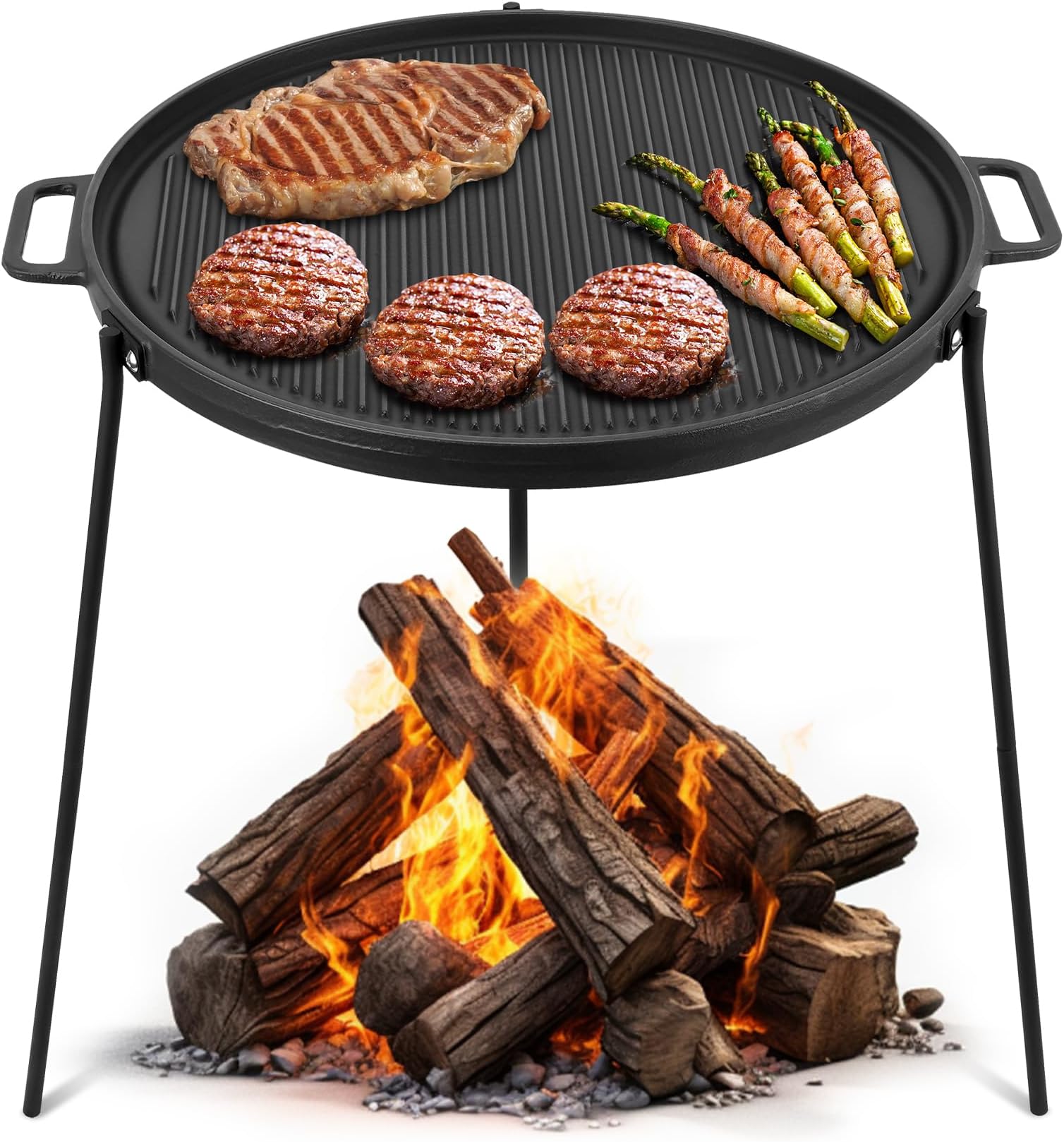 Onlyfire 18" Cast Iron Campfire Griddle, Double Sided Reversible Stovetop Grill, Griddle Pan with Handles, 3 Removable & Height Adjustable Legs, Perfect for Gas Cooker, Outdoor Campfire Cooking