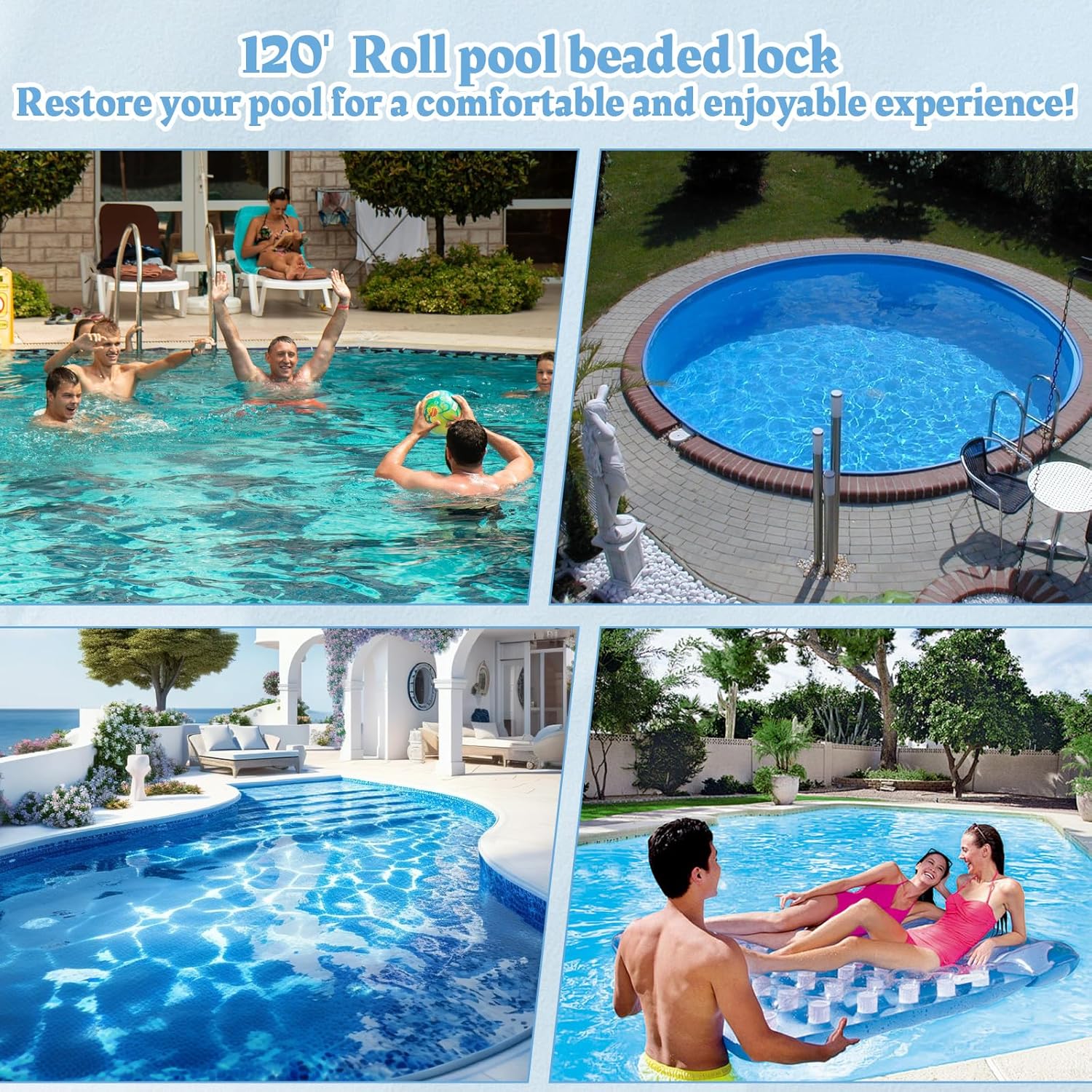 Earthtec 120ft Swimming Pool Beaded Liners 0.12in Pool Bead Lock Replacement Vinyl Beaded Liner for Above-Ground and In-Ground Swimming Pool - Gray