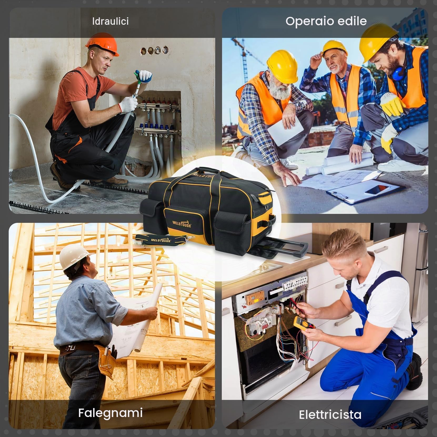 MELOTOUGH Borsa portautensili con ruote, grande capacità, organizer con manico telescopico nascosto, per elettricisti, costruzioni, HVAC, tecnici (giallo/nero)