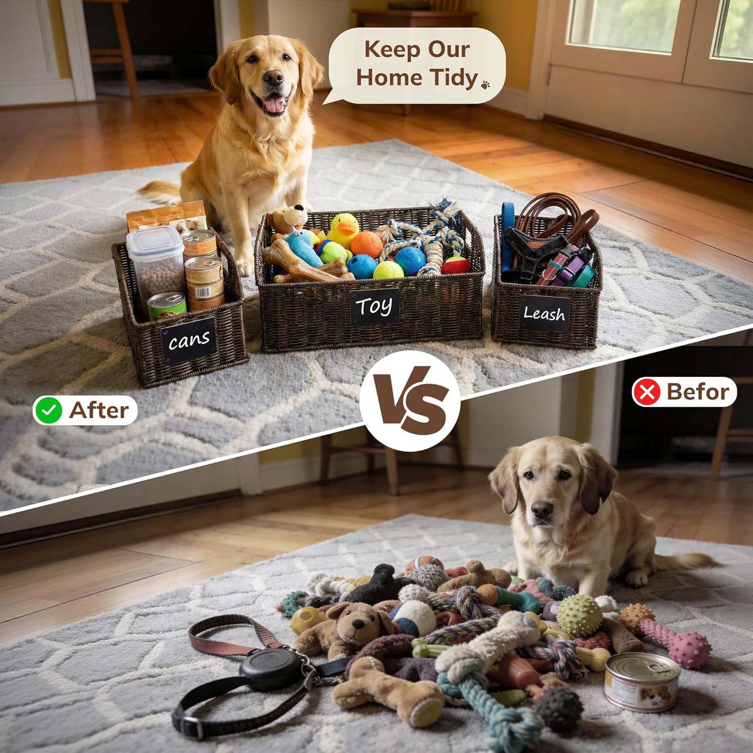 BROWNLILY 3-Piece Nesting Rattan Storage Baskets - Waterproof Wicker Bins with Chalkboard Labels - Handwoven Multi-Size Baskets Organizers for Dog Toys, Pantry, Bathroom & Closet (Black)