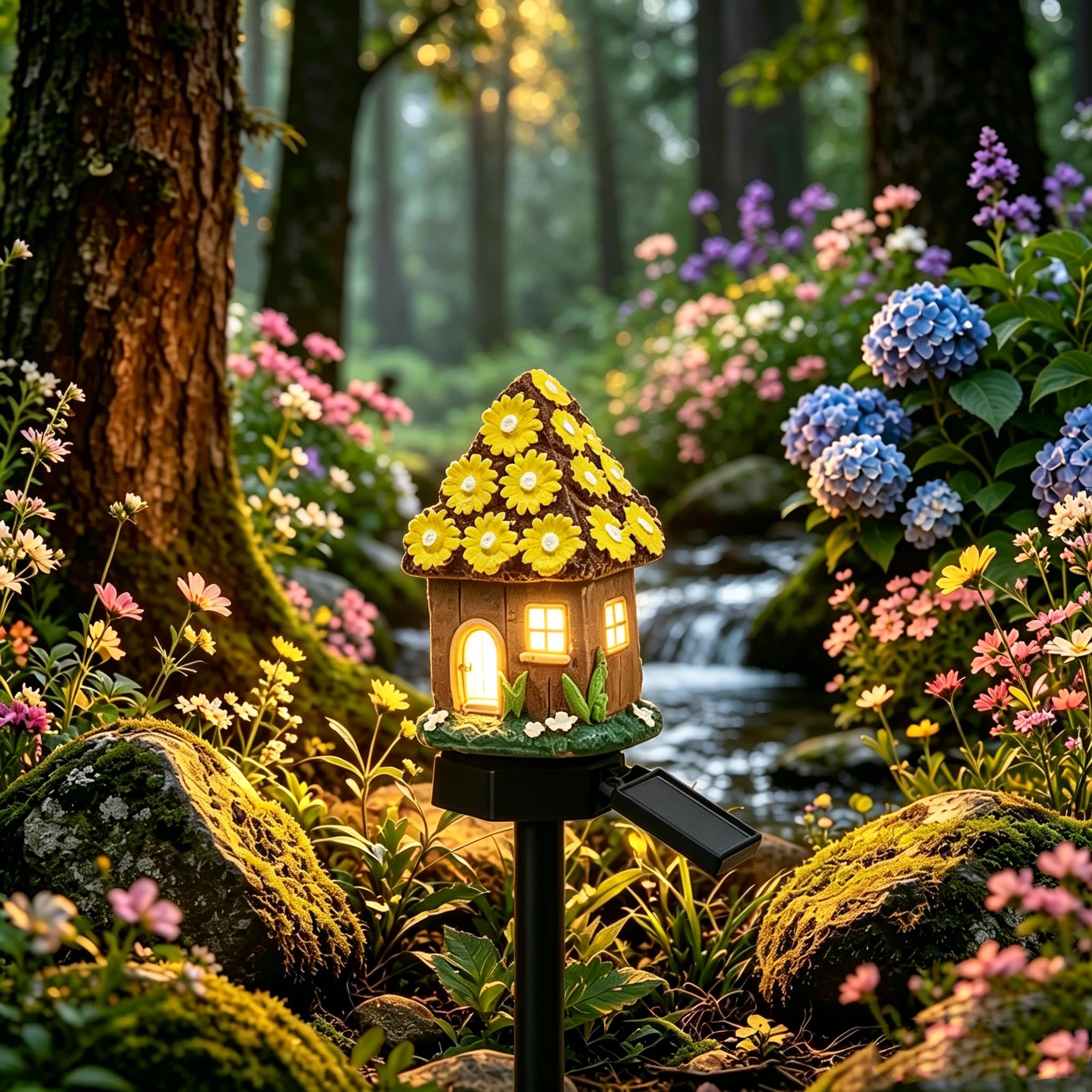 Solar Fairy-Tale Mushroom Cottage Garden Light, Resin Mushroom Cottage Figurine, Waterproof LED Outdoor MushroomHouse Statue Decor Lamp, Auto On/Off Landscape Pathway Light for Yard Patio Lawn