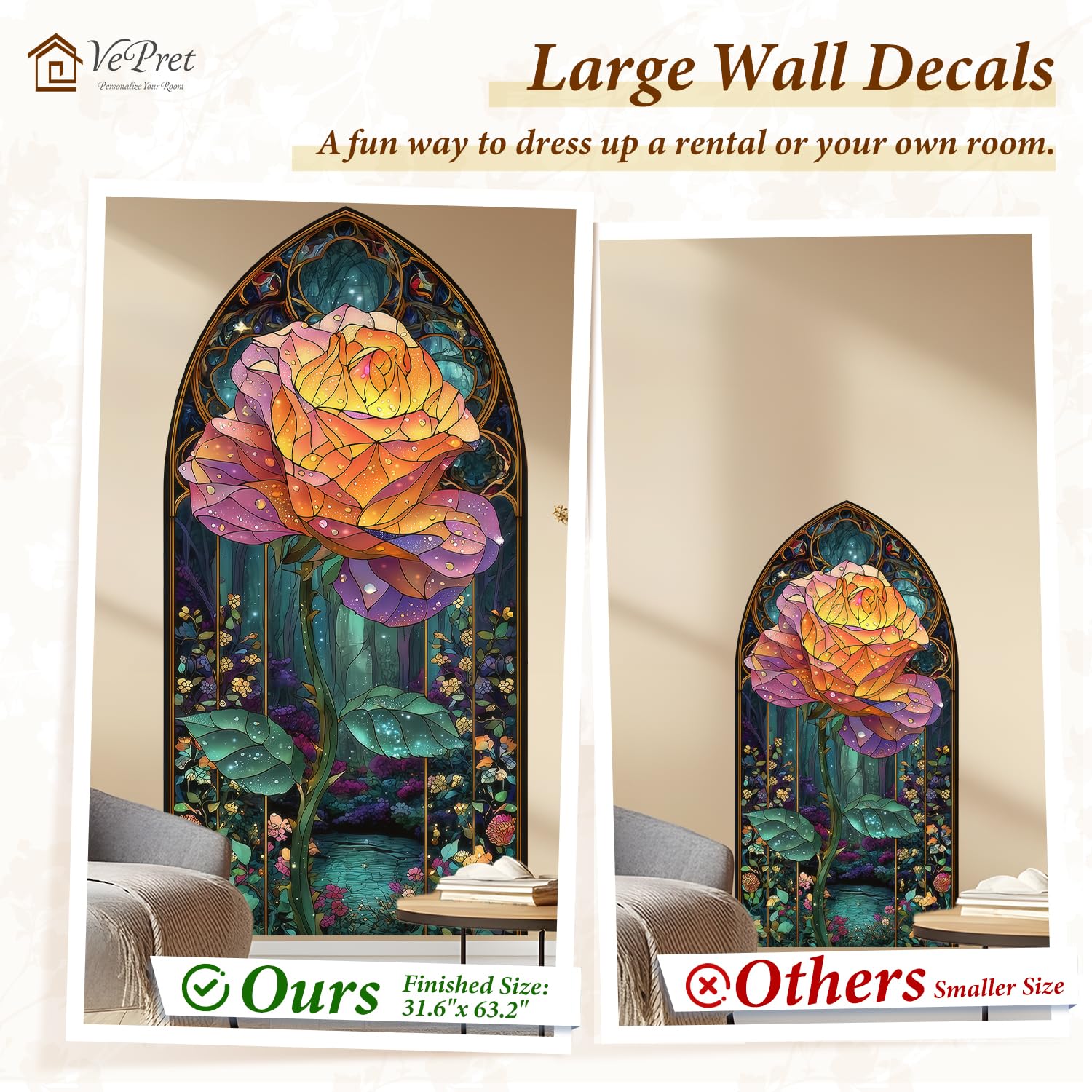 VePret Large Flower Arch Wall Decals Peel and Stick, Floral Rose Fabric Wall Stickers - Image 4