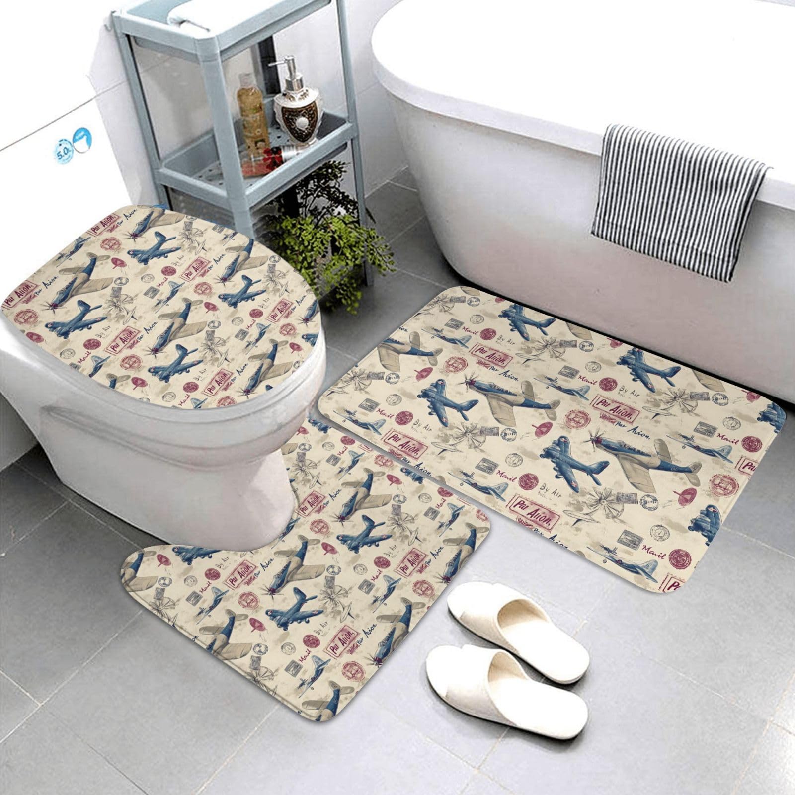 Tapis de salle de bain vintage lot de 3 avec housse de toilette absorbant et antidérapant