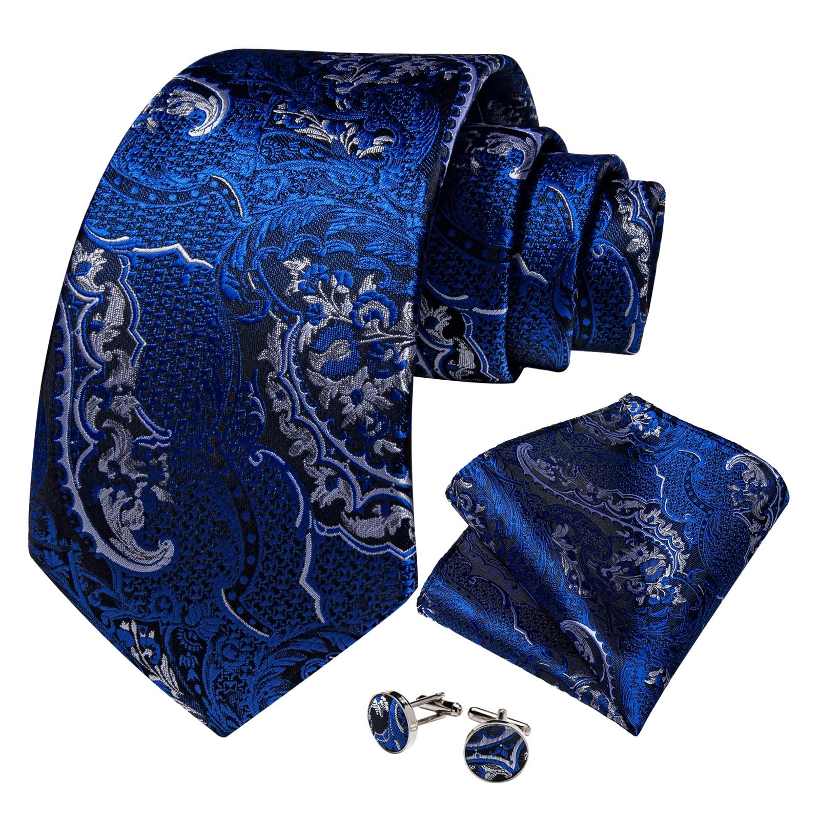 BAFAFA Corbatas de seda paisley azul plata para hombre 8 cm corbata de boda formal de trabajo conjunto pañuelo gemelos regalo for hombre