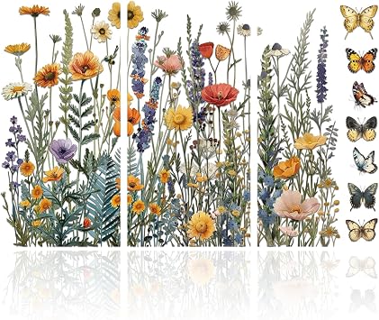 GLOBLELAND 3 Sheets Wildflowers Furniture Transfer 6x12inch Butterflies and Flowers Rub on Transfer Self-Adhesive Wall Art Decals for Bedroom Living Room Desk Table Decoration