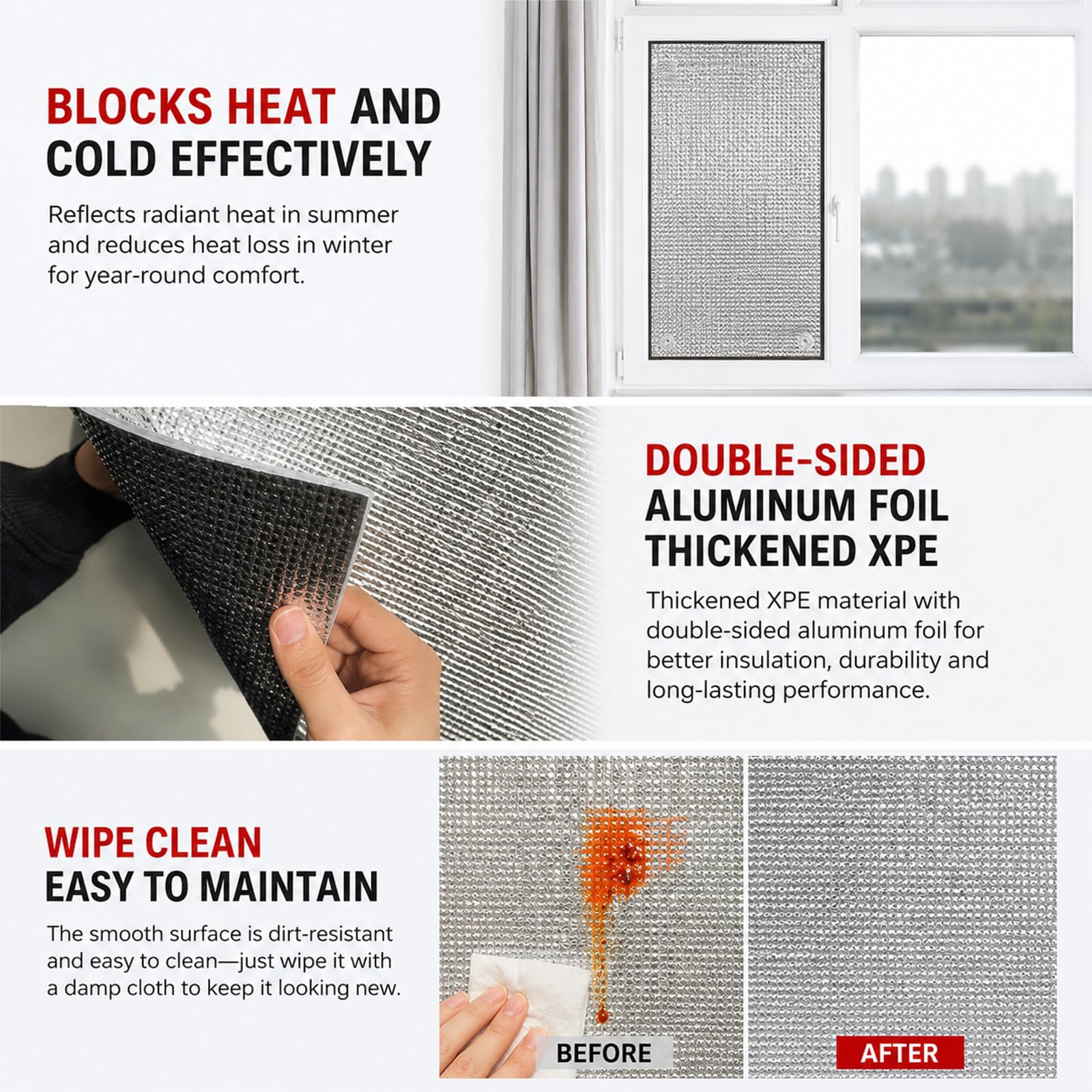 Fenster Isolierfolie Doppelseitig Aluminium mit Saugnäpfen 9mm Dick Thermofolie Sonnenschutz Verdunkelungsfolie gegen Hitze Sommer Wohnmobil Dachfenster Silber Silver 50 * 110cm
