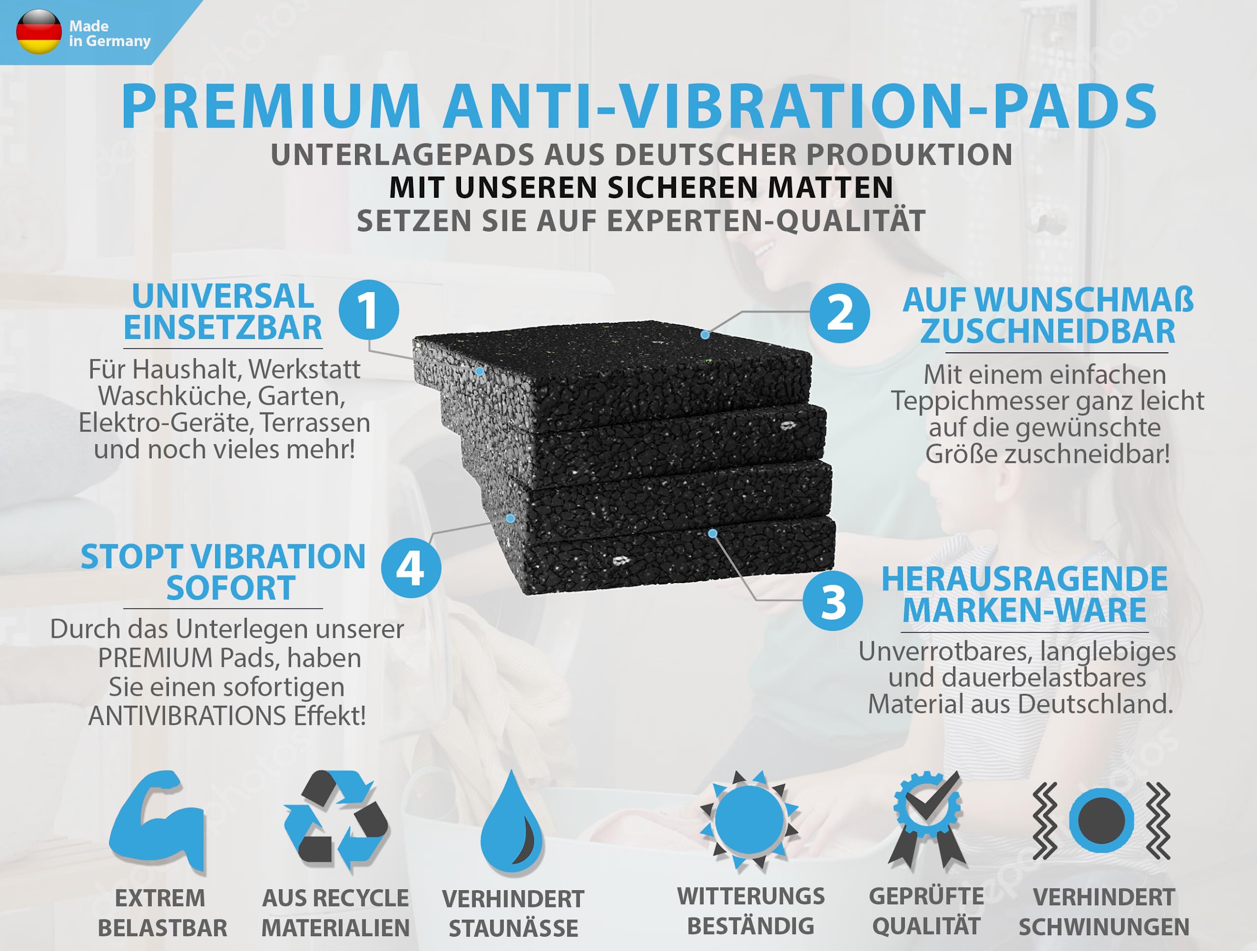 8 piezas de lavadoras XXL almohadillas de goma amortiguadores antivibración mango seguro para muebles y armarios de secadora - con alfombrilla de lavadora 9 x 9 x 1,5 cm — view 5