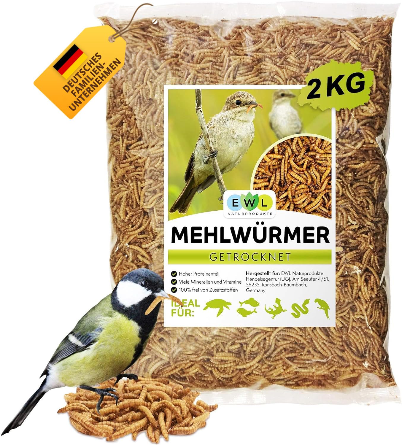 EWL Naturprodukte Mehlwürmer getrocknet 2 kg (13 L), Insektensnack für Vögel, Fische, Schildkröten, Nager und Reptilien