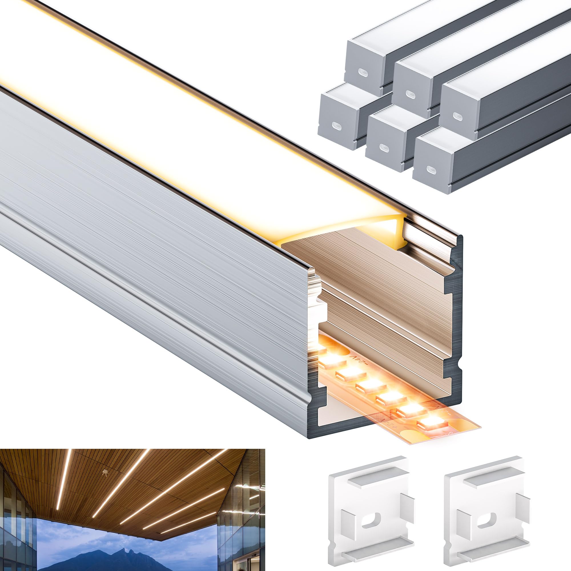 LED Profil Set mit 6 LED Diffusor-Abdeckungen und 6x2m LEDSchiene, 15mm Aluminium Profil für Wand- & Deckenmontage von Leisten