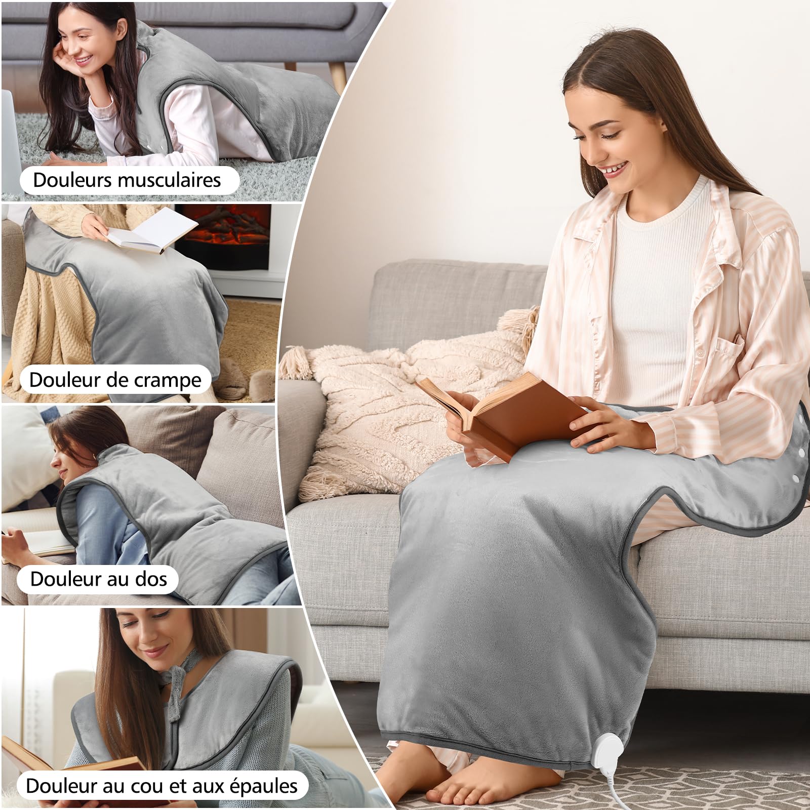 Coussin Chauffant Dos Electrique Epaule Taille et Nuque 61×94CM Gris | Fonction D'ArrêT Automatique, 6 Modes de Chauffage, 4 RéGlages de Minuterie, Chauffage Rapide, Flanelle, Lavable Machine