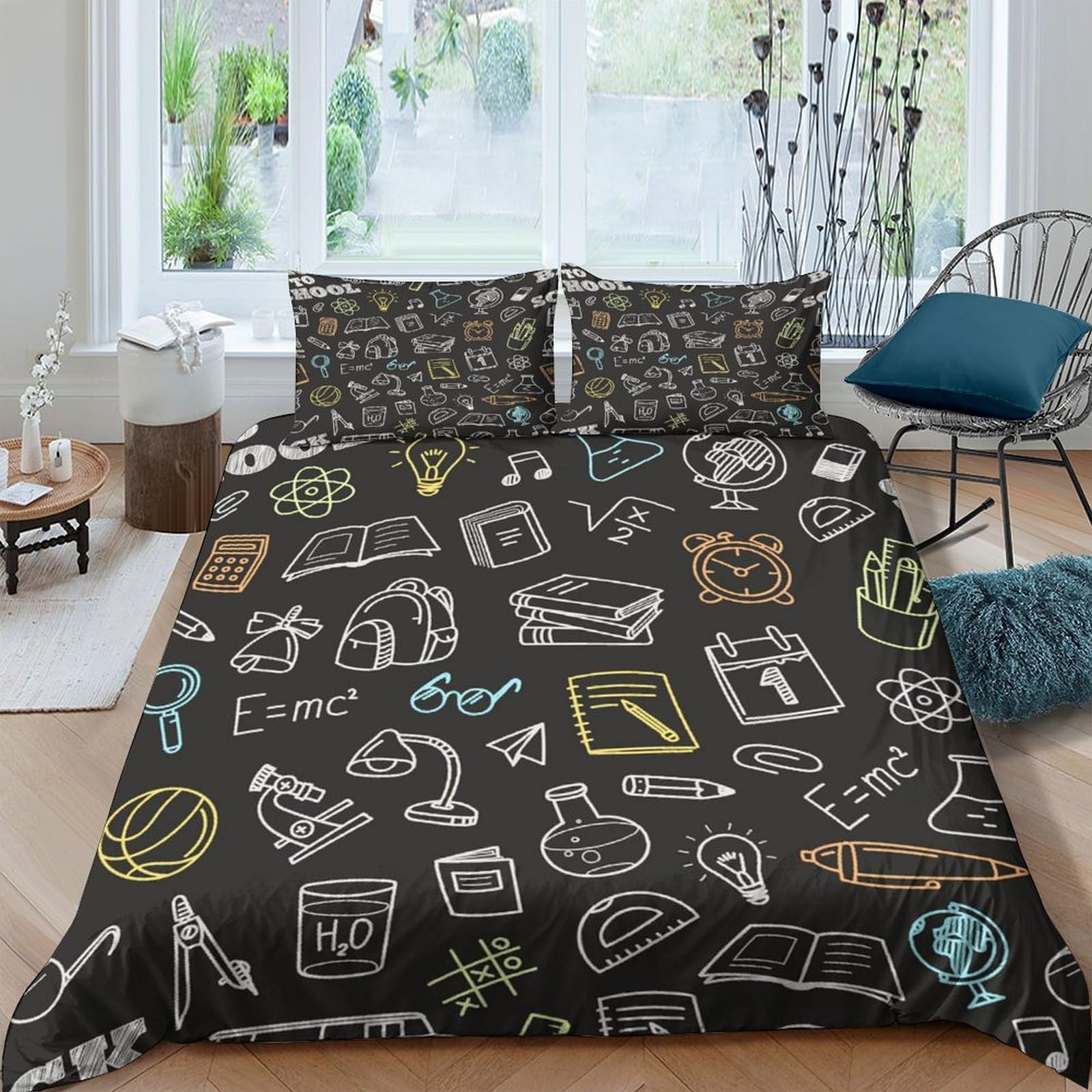 Ctjqhvkz Style-2 3D Printed Chalkboard Doodle Fitted Sheet Microfiber School Icon Bed Cover Anti-Slip Washable For Bedroom Guest Room Single（135X200cm）