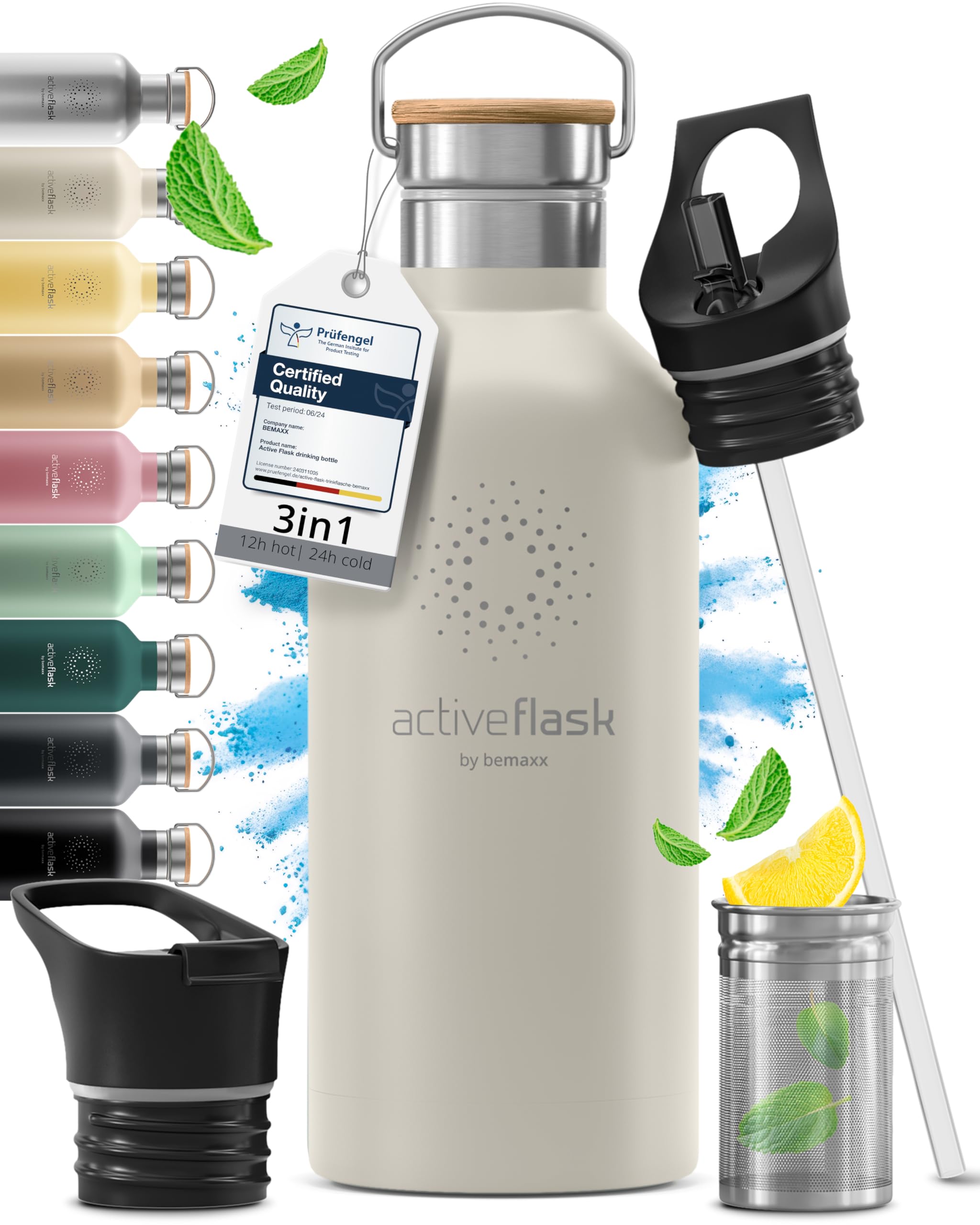 Trinkflasche Edelstahl mit Strohhalm, Infuser + 3 Deckel: BPA-frei, Auslaufsicher, Kohlensäure geeignet - Wasserflasche Fahrrad Thermosflasche Isoliert Isolierflasche Sport Wasser Flasche Kinder Tee