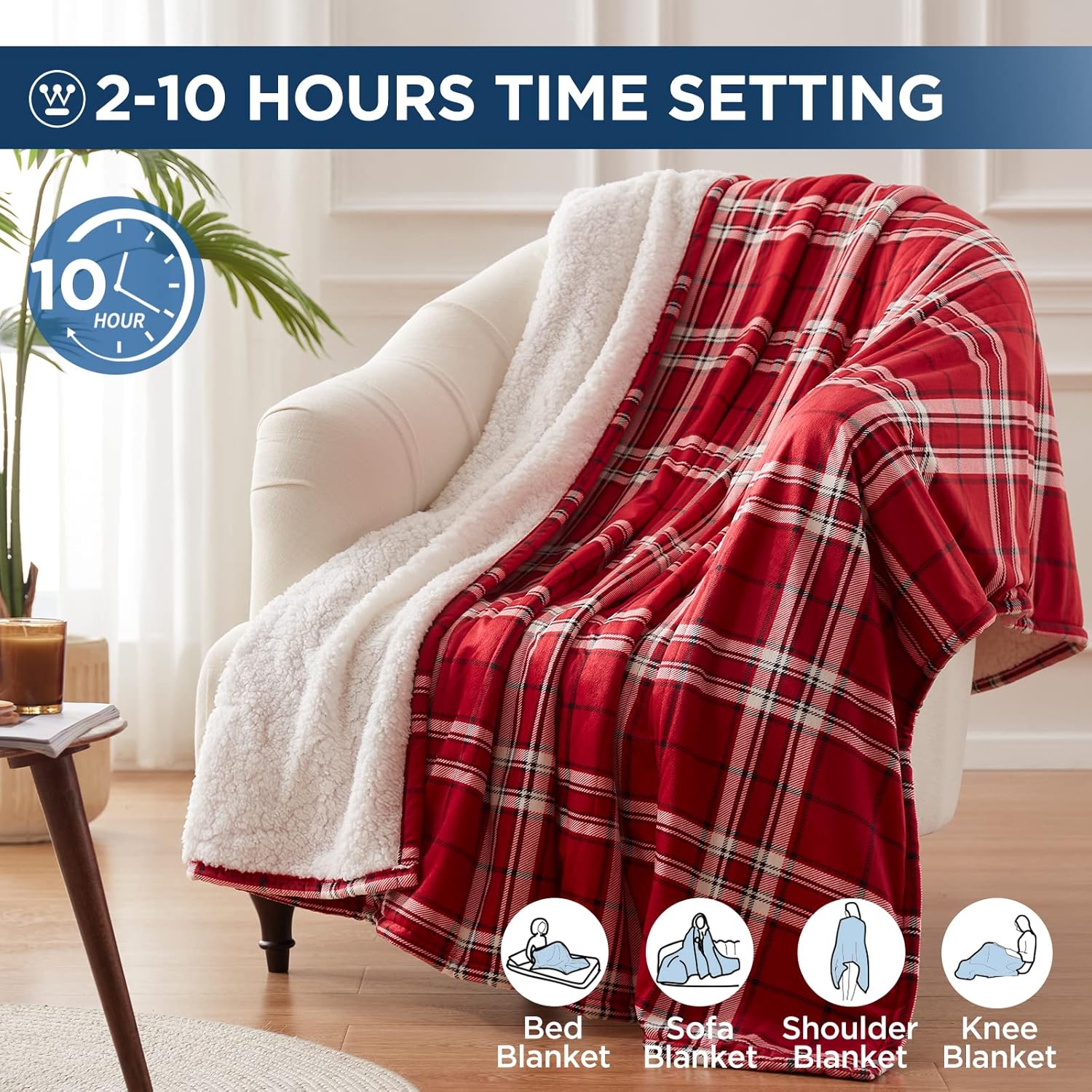 Review Westinghouse Electric Blanket Heated Throw Blanket, Plaid Sherpa