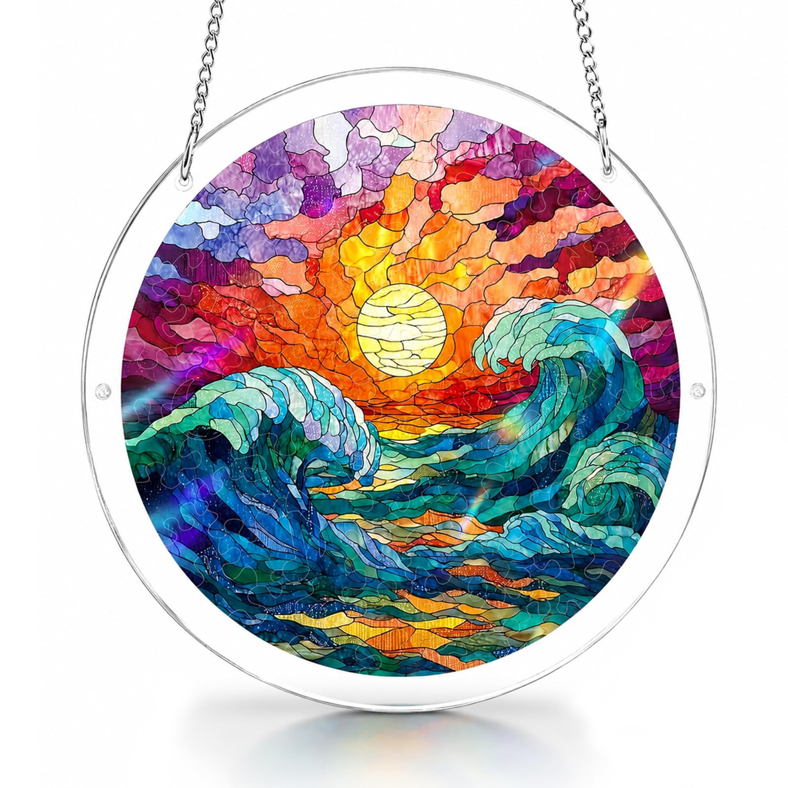 Acrylic Jigsaw Puzzle Suncatcher Window Hanging, Ocean Sunset Pattern Sun Catchers for Windows, Suncatcher Puzzle Crafts for Adults, Garden Hanging Ornaments Gifts for Women(B)