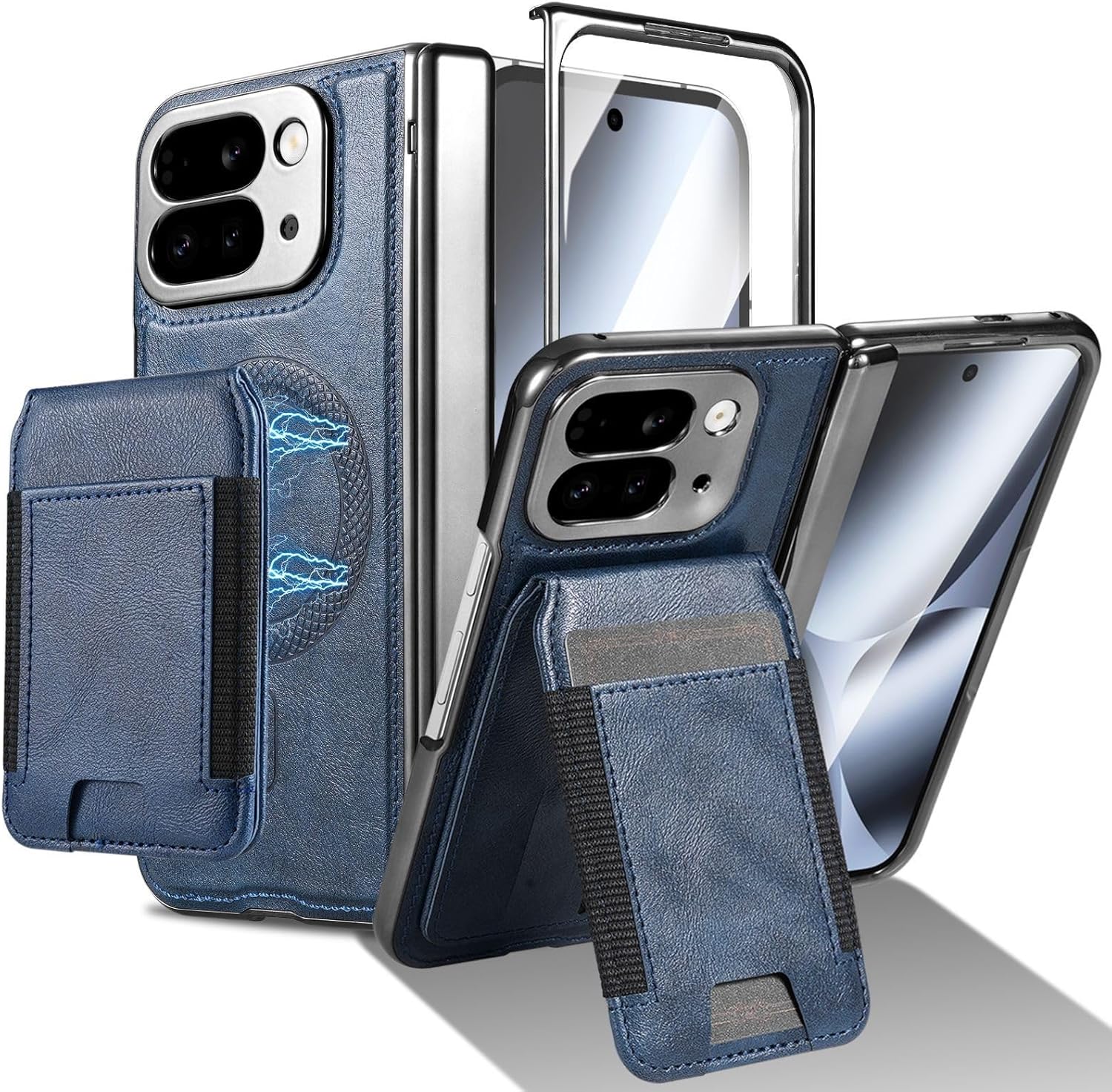 Case for Google Pixel 10 Pro Fold with Detachable Magnetic Wallet, Full Hinge Protection, 4-Card Storage, Hands-Free Stand, Drop-Resistant Bumper, Built-in Screen Protector(Blue)