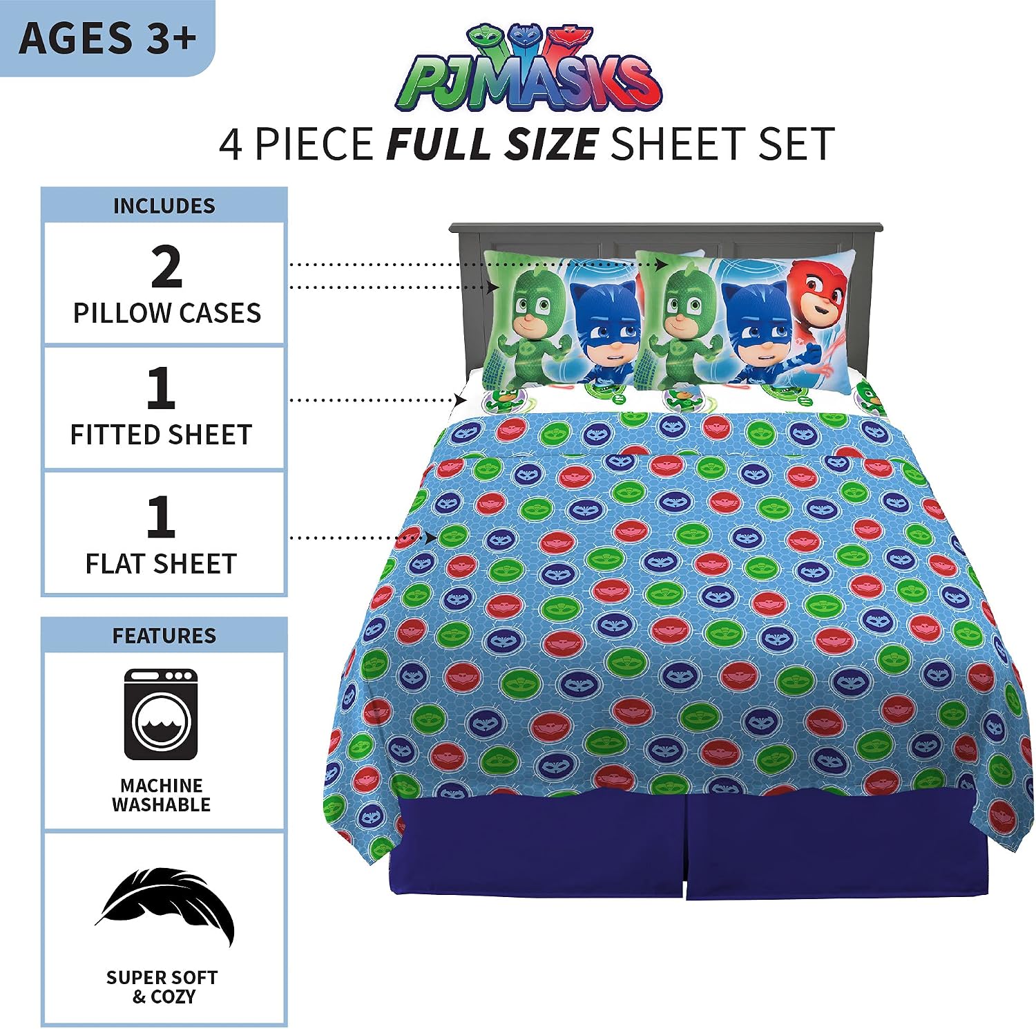 Franco Kids Bedding Super Soft Sheet Set, 4 Piece Full Size, PJ Masks