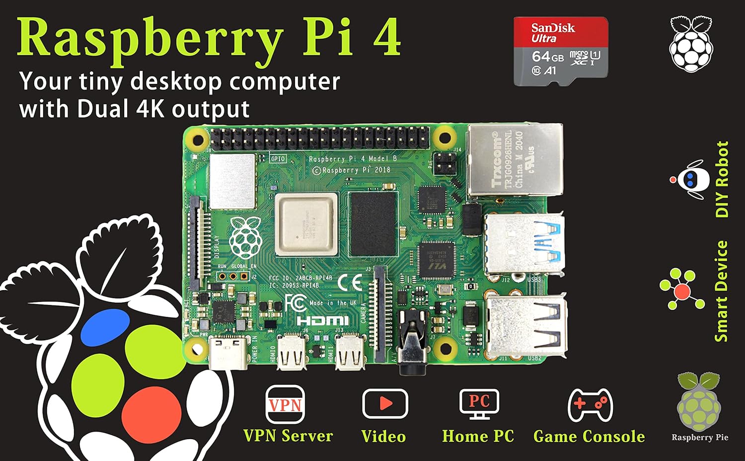 DIGISHUO Raspberry Pi 4B Model B 8GB RAM DIY Kit | with Case | Pi Cooling Fan | San Disk 64G SD Card Micro-SD | Micro HDMI Cable | Sufficient 5V 3A Power Supply (8G Module 8 in 1 Kit)