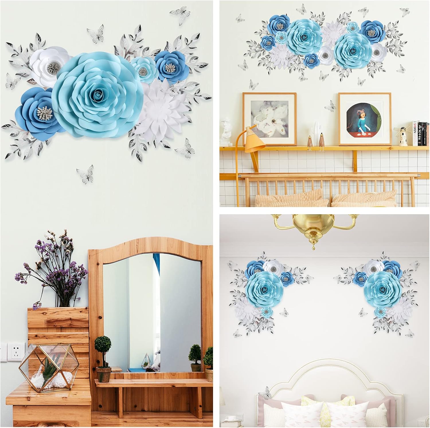 3D Blue Roses Artificial Flowers, Large Paper Flowers Decorations for Wall with Butterfly Stickers, Fake Flower Wall Decor for Baby Boy Nursery Room, Wedding Centerpiece, Party Backdrop