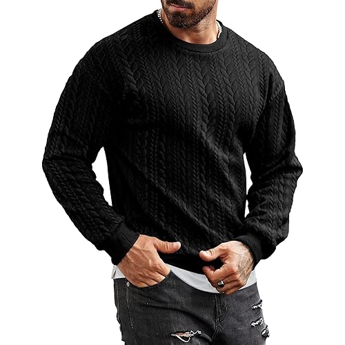JMIERR Men's Crewneck Sweatshirt Textured Long Sleeve Casual Lightweight Pullover Shirt